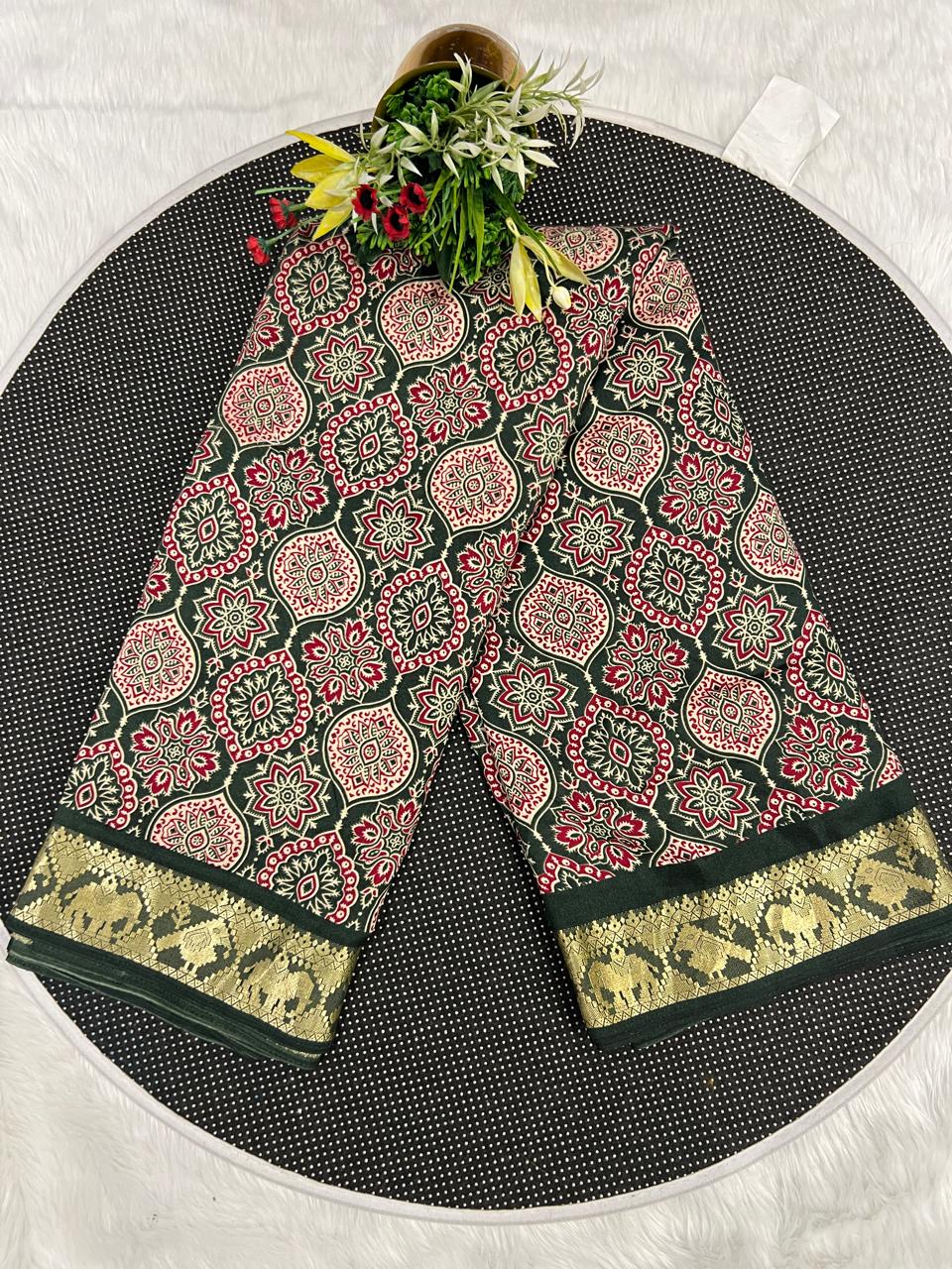π Elegant Ajrakh Saree with Golden Border β¨ | Traditional Craft Meets Royal Touch π | Festive & Ethnic Wear π