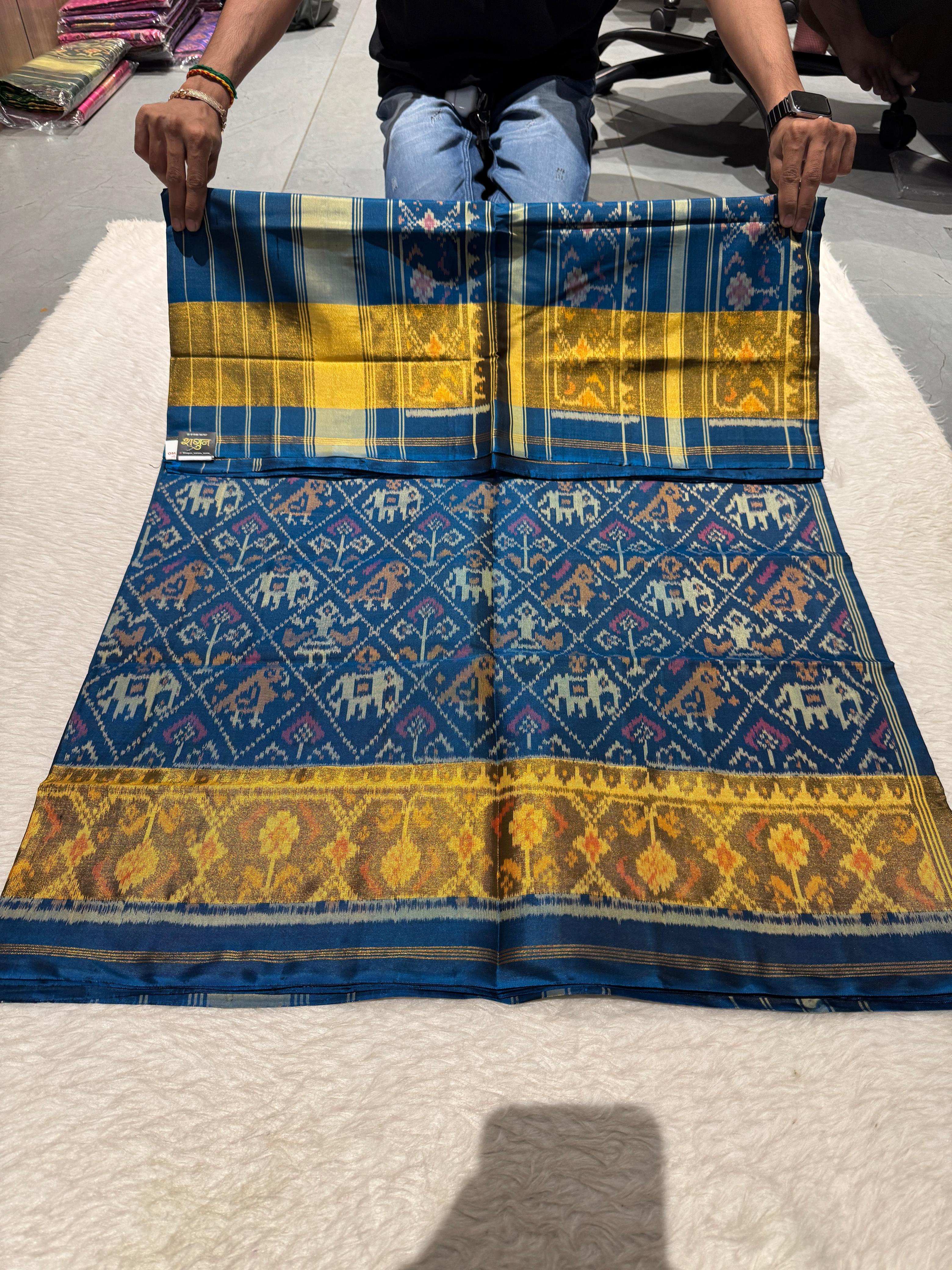๐ Pure Rajkoti Patola Silk Saree | Elegant Blue | Lightweight & Luxurious Weave ๐