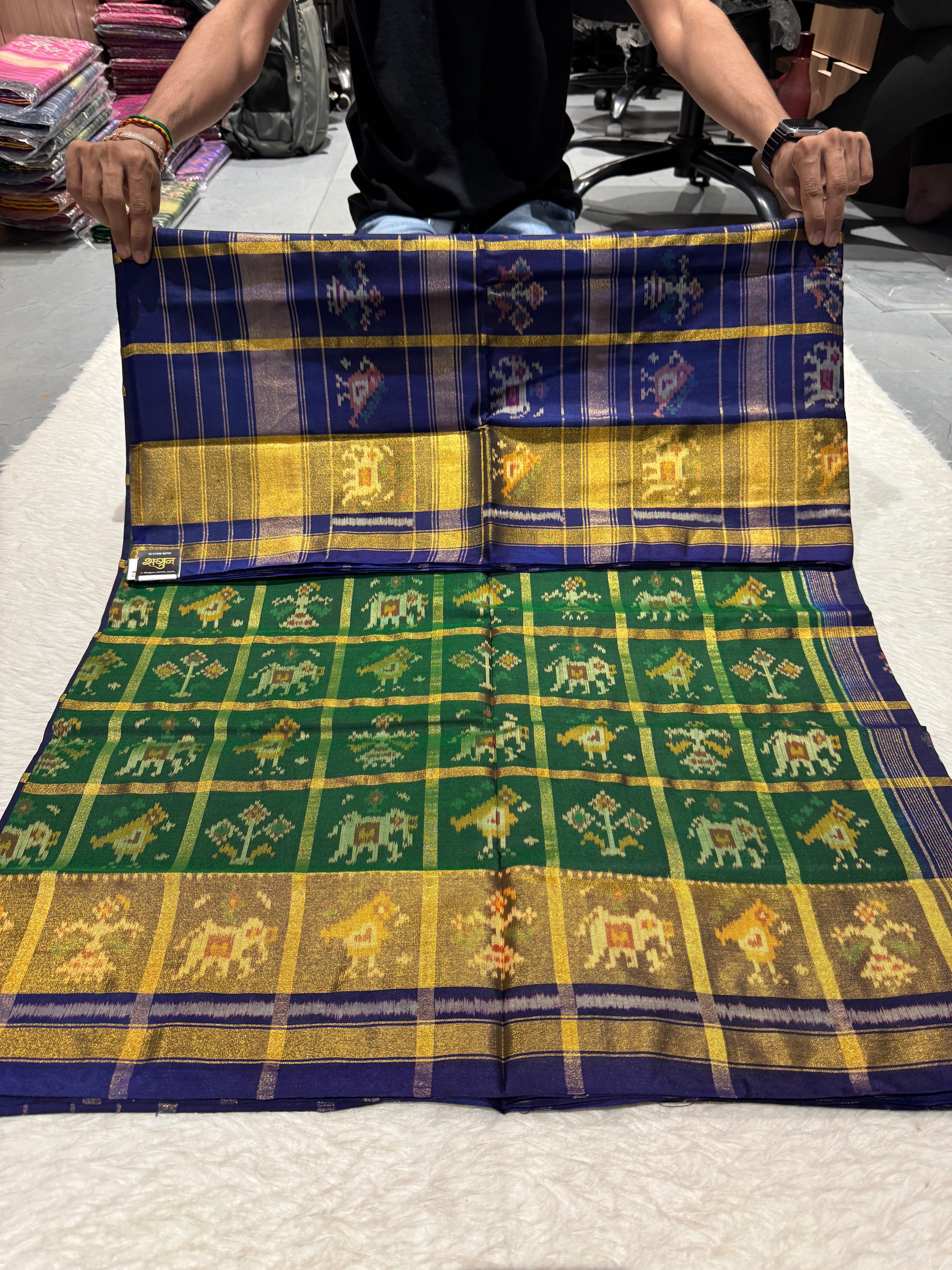 ππ Pure Rajkoti Patola Silk Saree | Blue & Green Luxury | Lightweight & Traditional Weave π