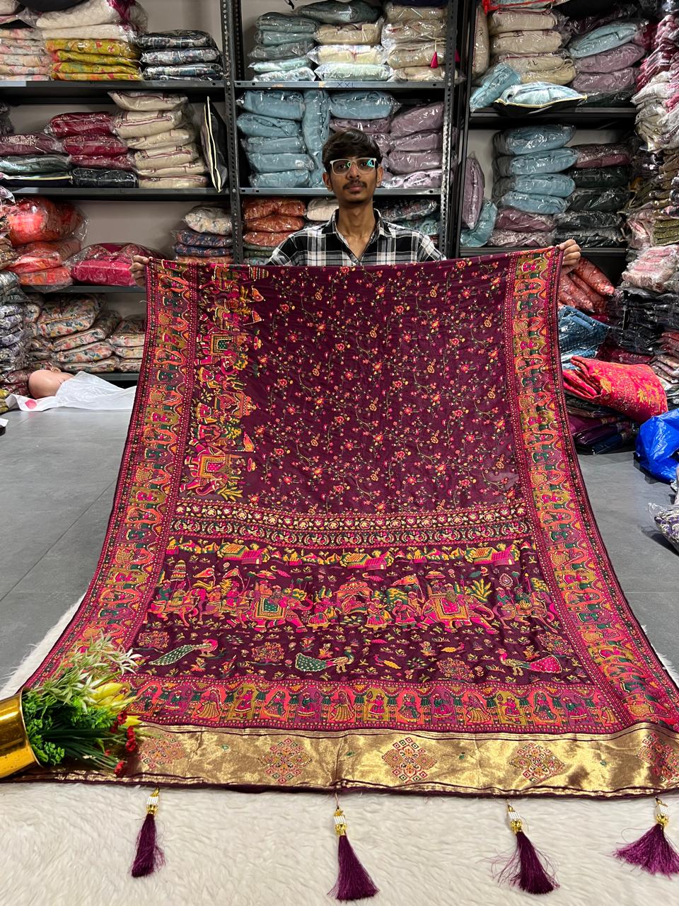 ๐ฆ Royal Pashmina Kalamkari Saree ๐บ | Heavy Vadivela Work with Elephants & Birds ๐๐ | Full Pallu & Border Design ๐ซ | Trending Gujarati Look