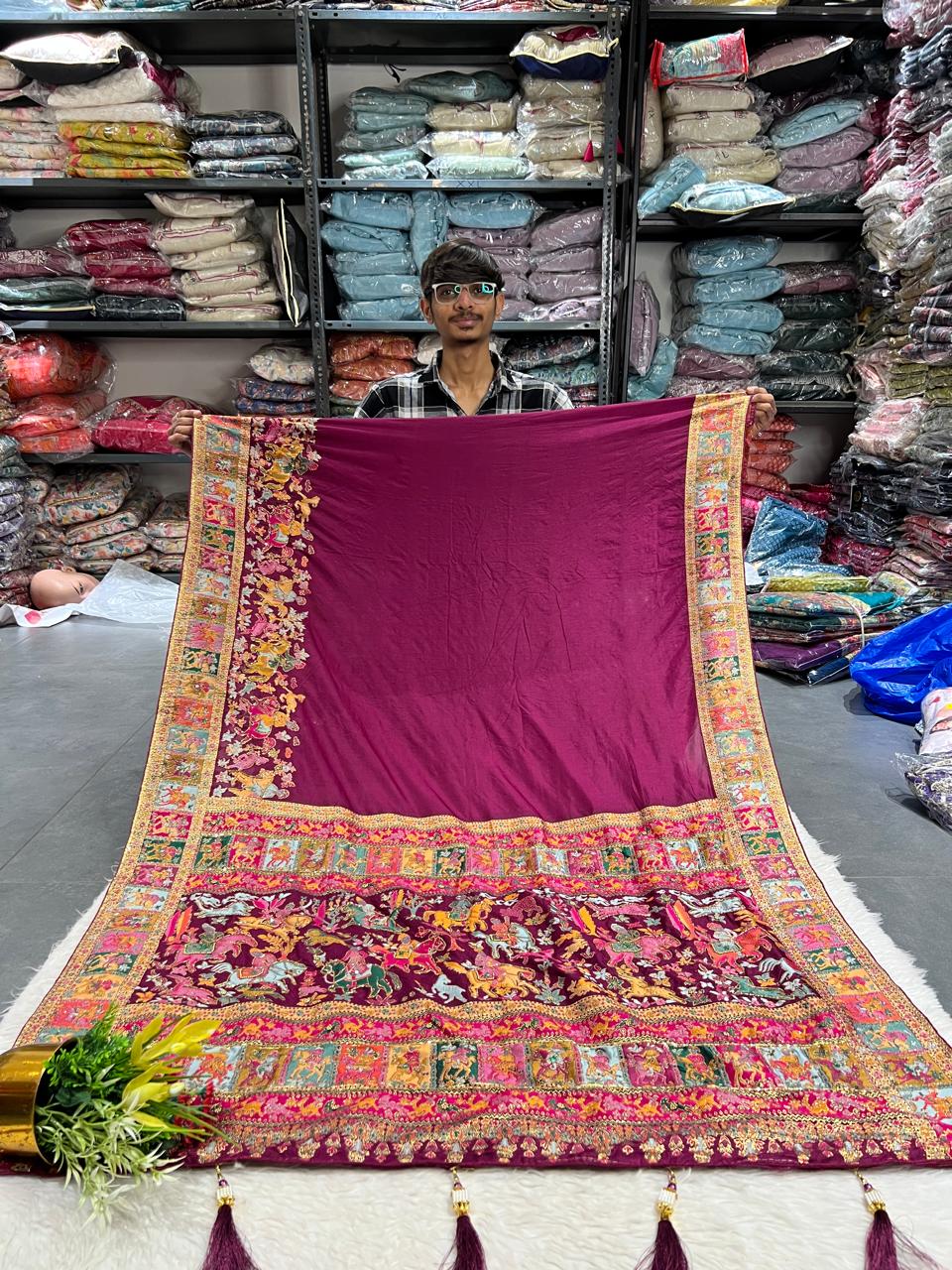 ๐ Royal Pashmina Kalamkari Gala Border Saree ๐บ | Full Heavy Work Pallu & Designer Border | Gujarati Ethnic Look ๐