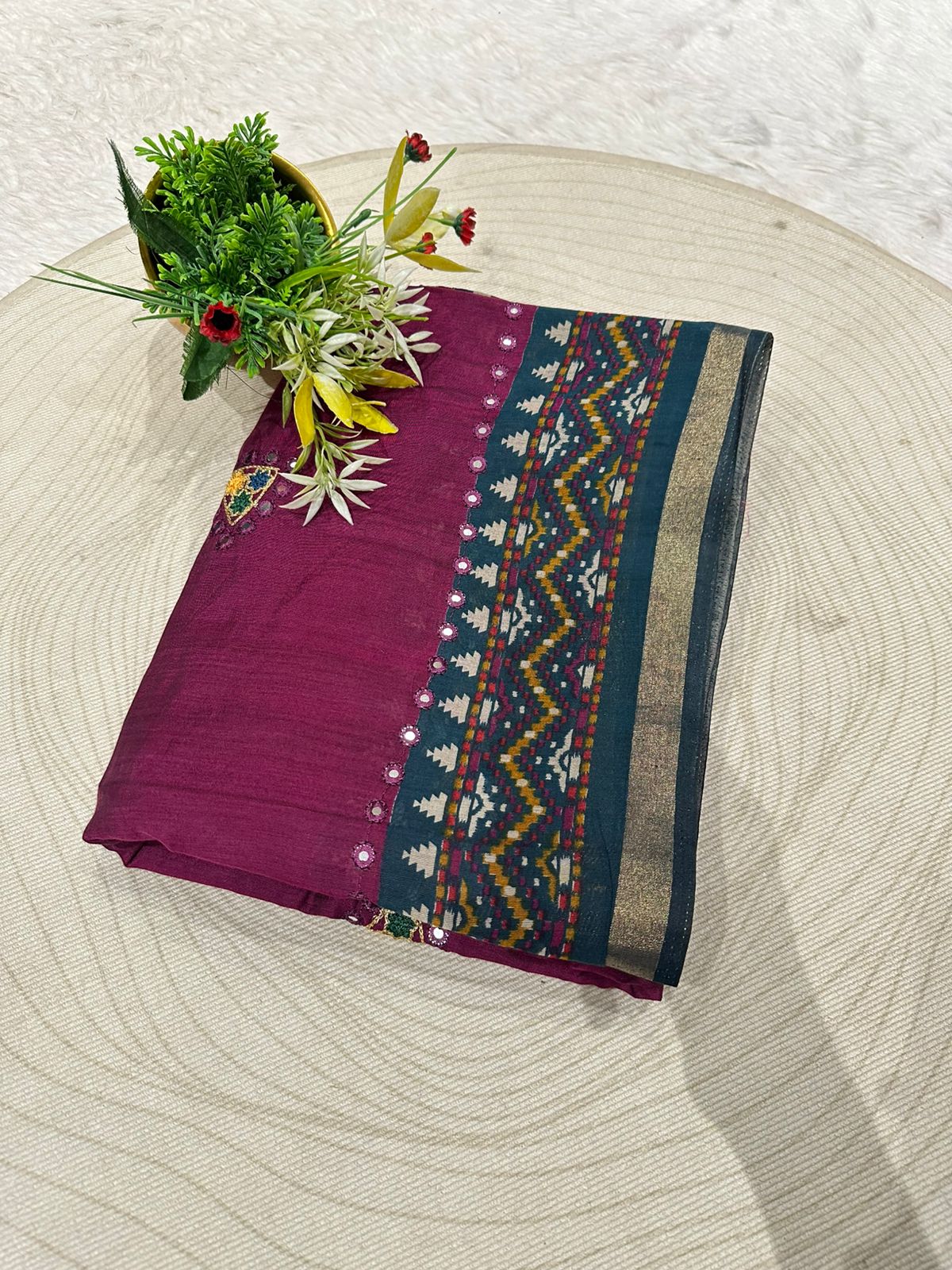 Elegant Mal Cotton Saree with Mirror Work & Ikat Border β¨ | Shagun Fashion Exclusive