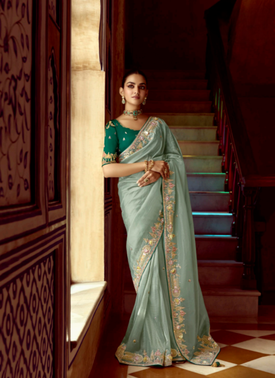 ✨ Designer Pure Tissue Saree for Party Wear | Mint Green Embroidered Saree with Contrast Blouse by Shagun Sarees 💫