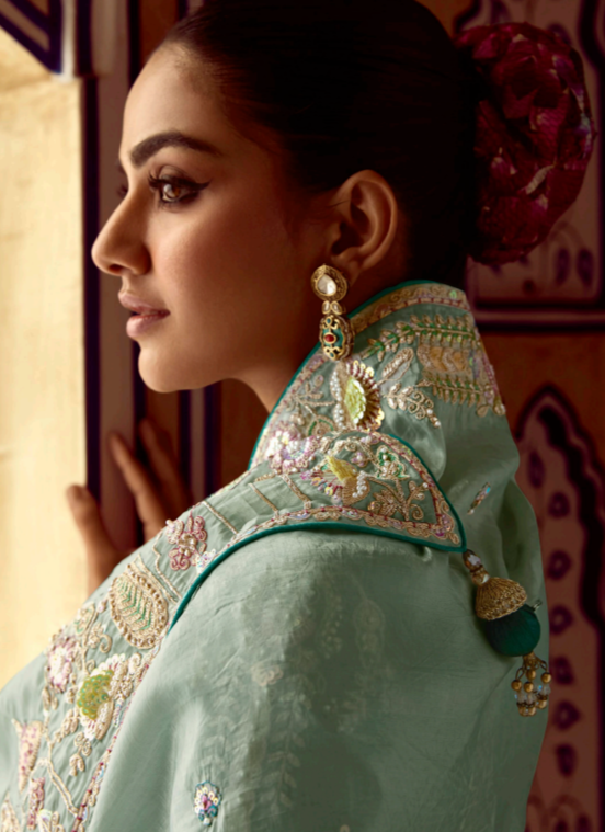 ✨ Designer Pure Tissue Saree for Party Wear | Mint Green Embroidered Saree with Contrast Blouse by Shagun Sarees 💫