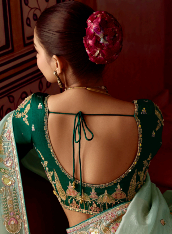 ✨ Designer Pure Tissue Saree for Party Wear | Mint Green Embroidered Saree with Contrast Blouse by Shagun Sarees 💫