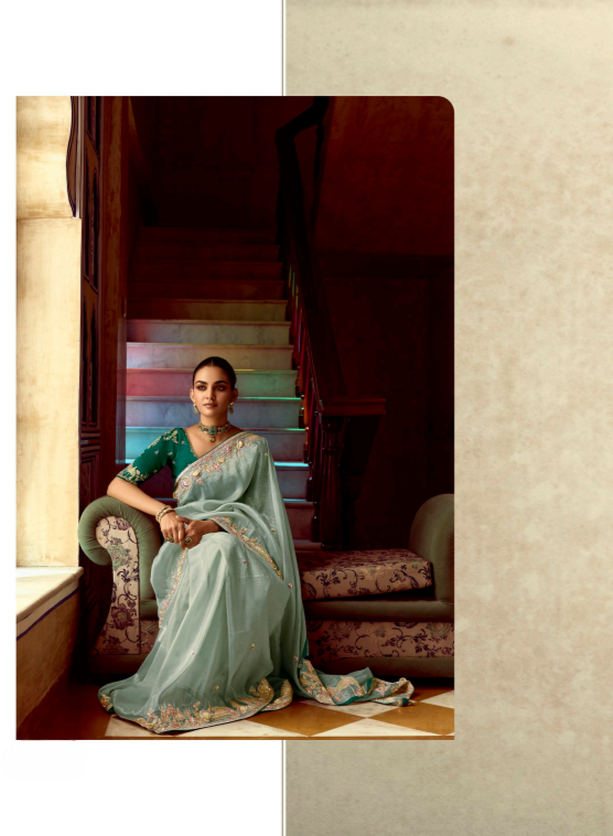 ✨ Designer Pure Tissue Saree for Party Wear | Mint Green Embroidered Saree with Contrast Blouse by Shagun Sarees 💫