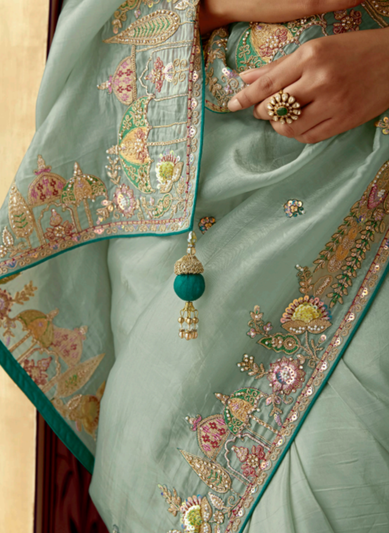 ✨ Designer Pure Tissue Saree for Party Wear | Mint Green Embroidered Saree with Contrast Blouse by Shagun Sarees 💫