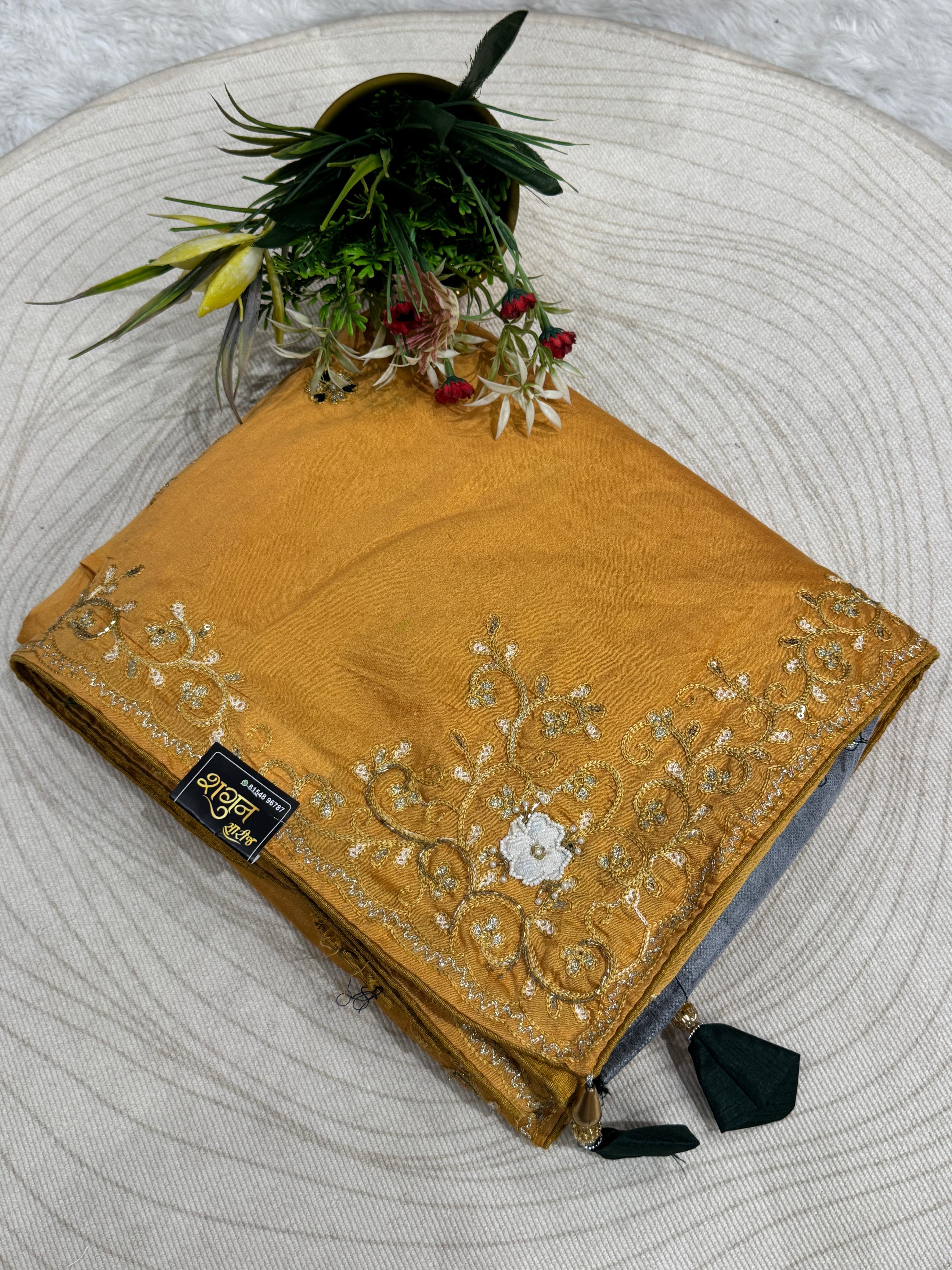 Elegant Saree with Border Work, Designer Moti & Contrast Blouse – Stunning Craftsmanship 🌟💫