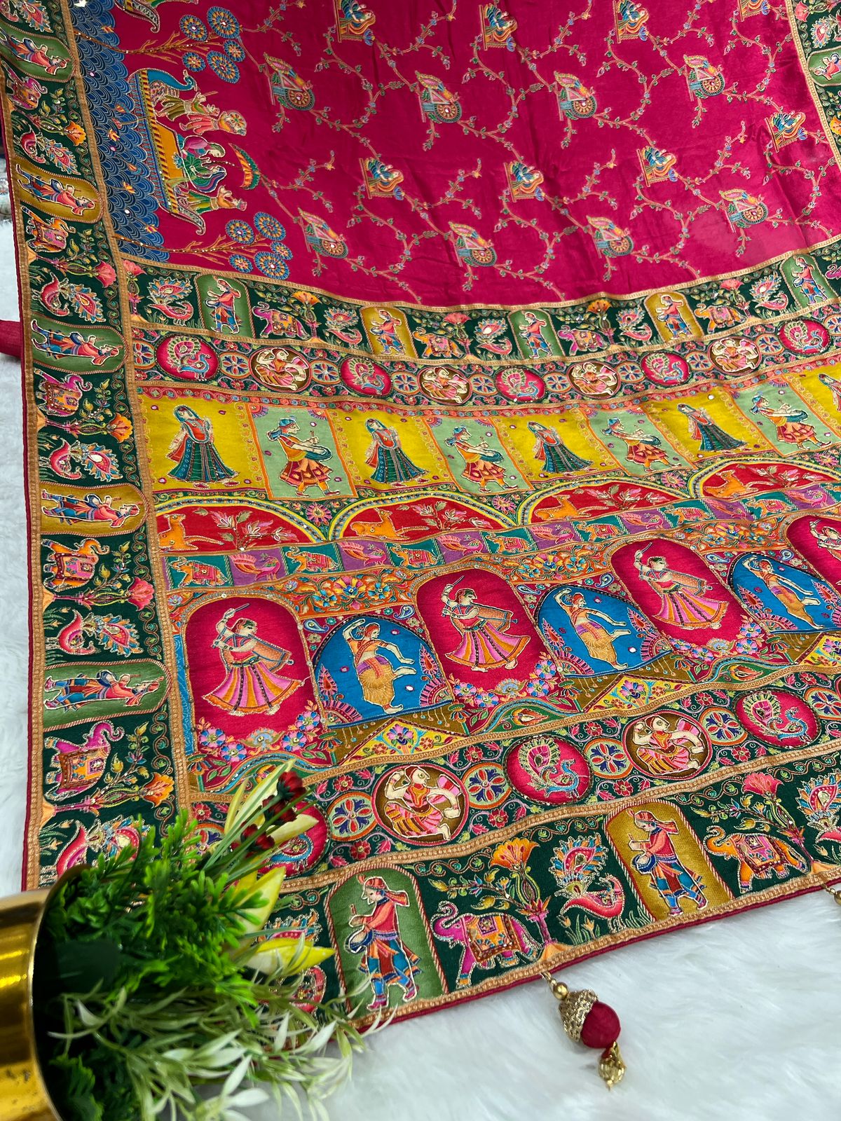 🌸 Royal Pashmina Saree with Jardoshi & Mirror Work ✨ | Elephant 🐘 & Floral Motifs | Heavy Pallu & Boat Border 🚤 | Festive & Function Ready 💃