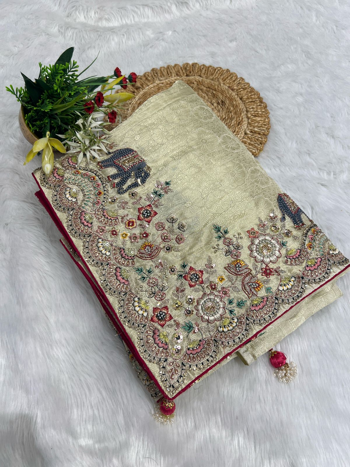 🌟 Fancy Organza Saree with Elephant 🐘 & Floral Border 🌸 | Designer Full Work Blouse 👗 | Partywear Ethnic Elegance 💃✨