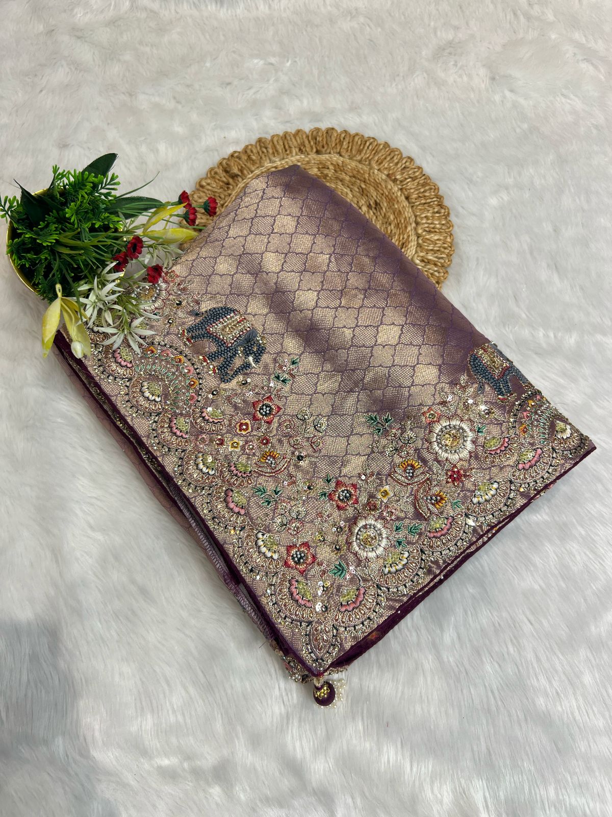 🌟 Fancy Organza Saree with Elephant 🐘 & Floral Border 🌸 | Designer Full Work Blouse 👗 | Partywear Ethnic Elegance 💃✨