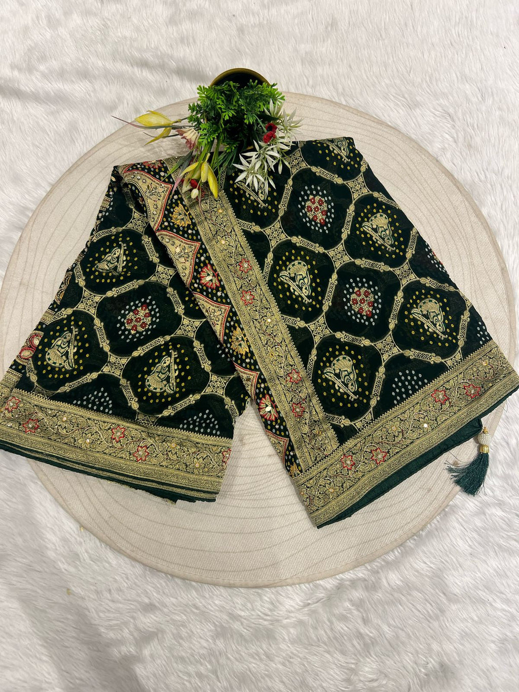 🌿 Pure Georgette Junglo Bandhani Saree | Gharchola Inspired Design ✨ | Heavy Pallu & All-Over Work 🌸 | Bridal/Festive Wear 👰