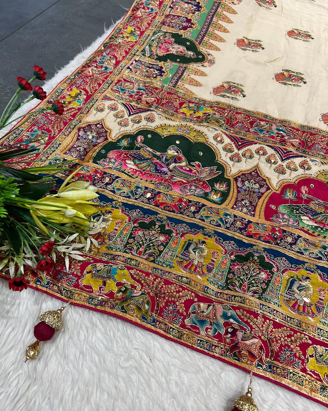 👑 Premium Pure Pashmina Silk Saree with Heavy Zardosi & Mirror Work | Royal Elephant & Cultural Design 🐘✨