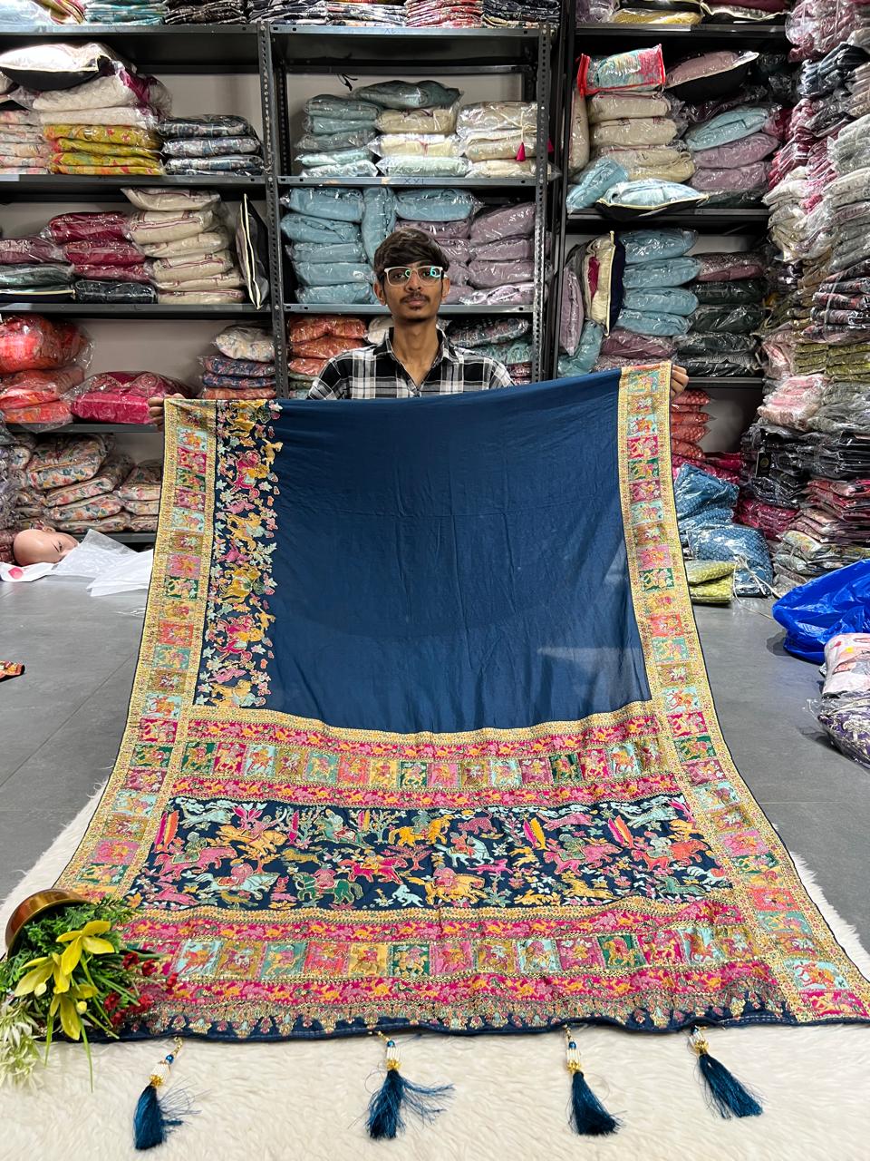 🌟 Royal Pashmina Kalamkari Gala Border Saree 🌺 | Full Heavy Work Pallu & Designer Border | Gujarati Ethnic Look 💃