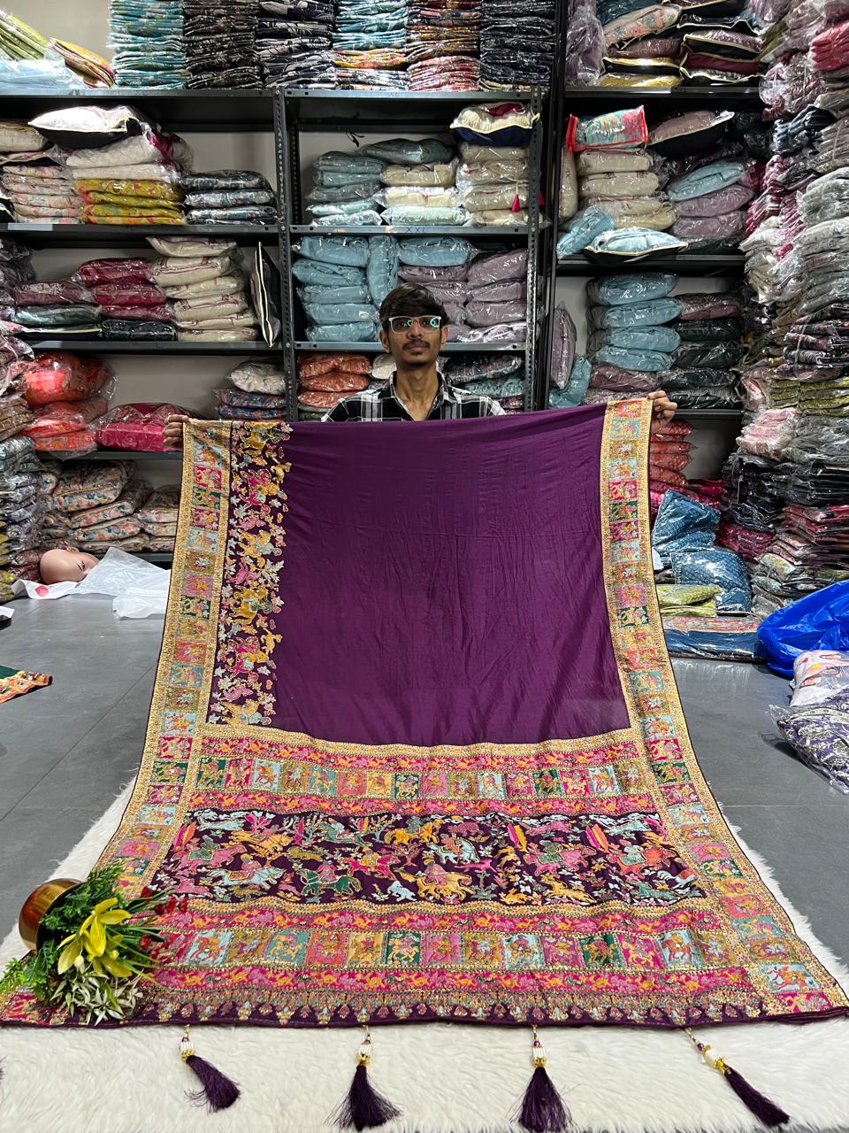 🌟 Royal Pashmina Kalamkari Gala Border Saree 🌺 | Full Heavy Work Pallu & Designer Border | Gujarati Ethnic Look 💃