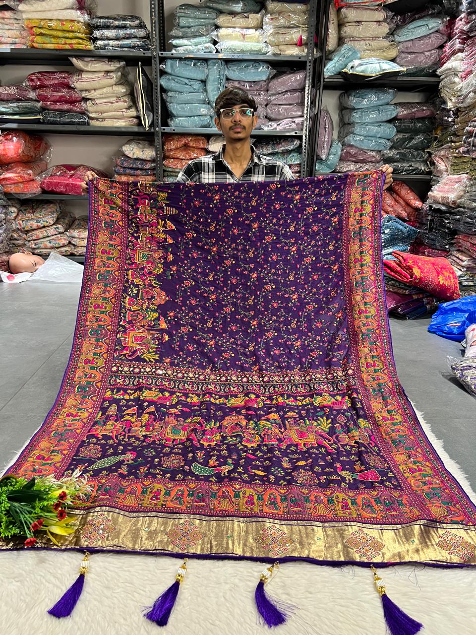 🦚 Royal Pashmina Kalamkari Saree 🌺 | Heavy Vadivela Work with Elephants & Birds 🐘🕊 | Full Pallu & Border Design 💫 | Trending Gujarati Look