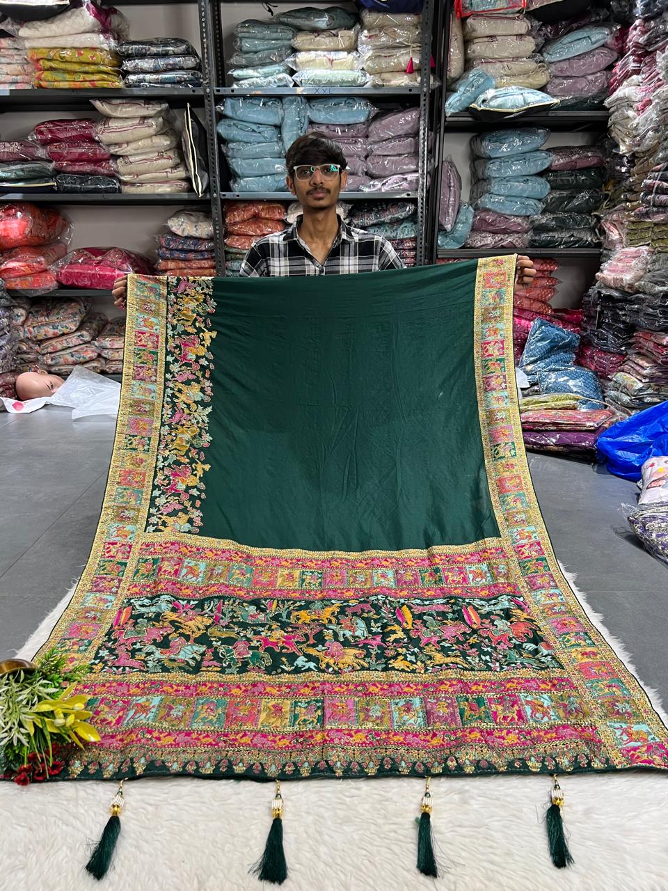 🌟 Royal Pashmina Kalamkari Gala Border Saree 🌺 | Full Heavy Work Pallu & Designer Border | Gujarati Ethnic Look 💃