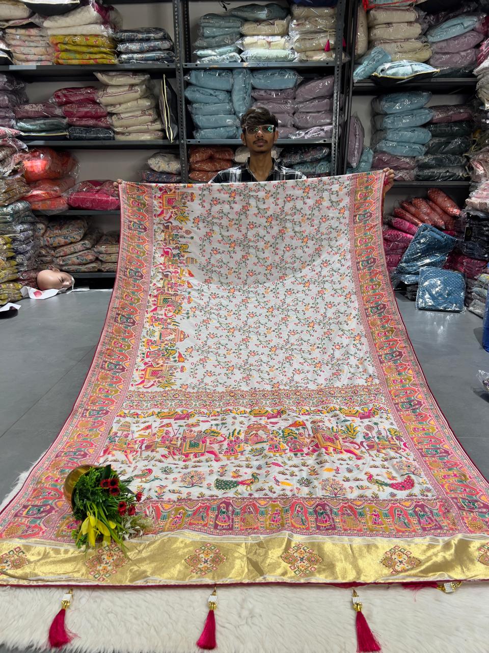 🦚 Royal Pashmina Kalamkari Saree 🌺 | Heavy Vadivela Work with Elephants & Birds 🐘🕊 | Full Pallu & Border Design 💫 | Trending Gujarati Look