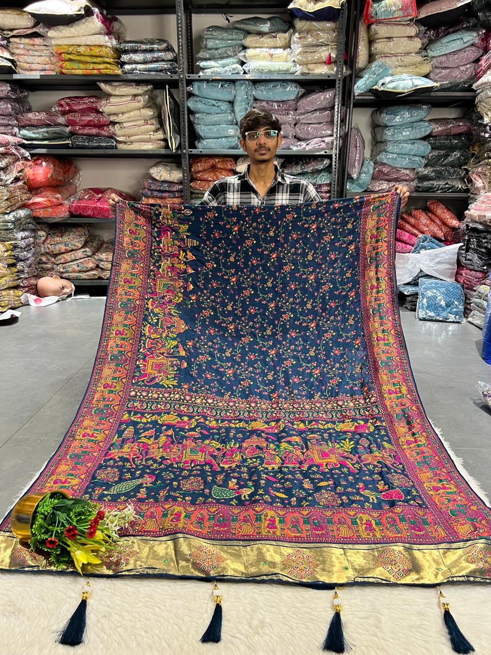 🦚 Royal Pashmina Kalamkari Saree 🌺 | Heavy Vadivela Work with Elephants & Birds 🐘🕊 | Full Pallu & Border Design 💫 | Trending Gujarati Look