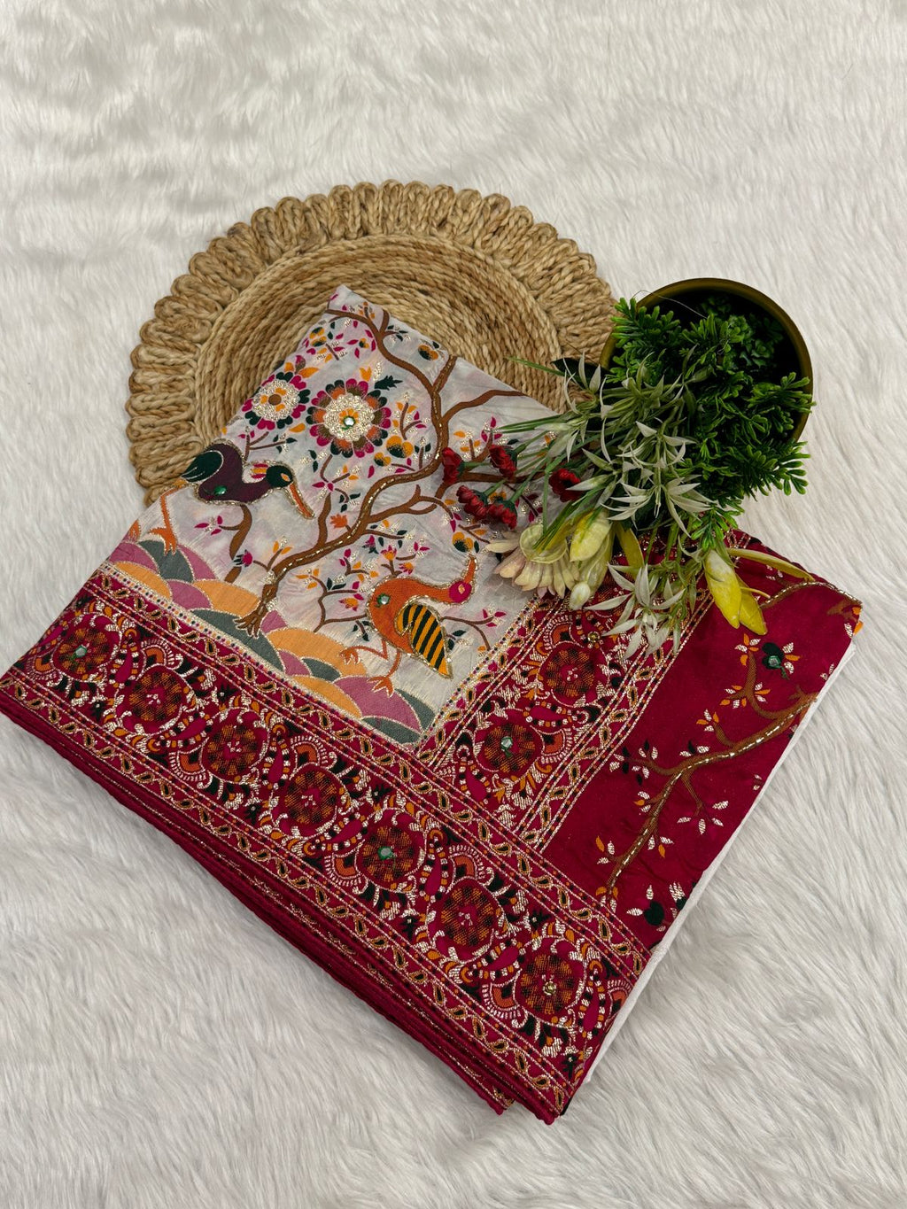 ✨ Traditional Pashmina Saree with Red Maroon Pallu 🕊️ | Moti & Embroidery Bird Design 🌳 | Festive & Wedding Wear 💃