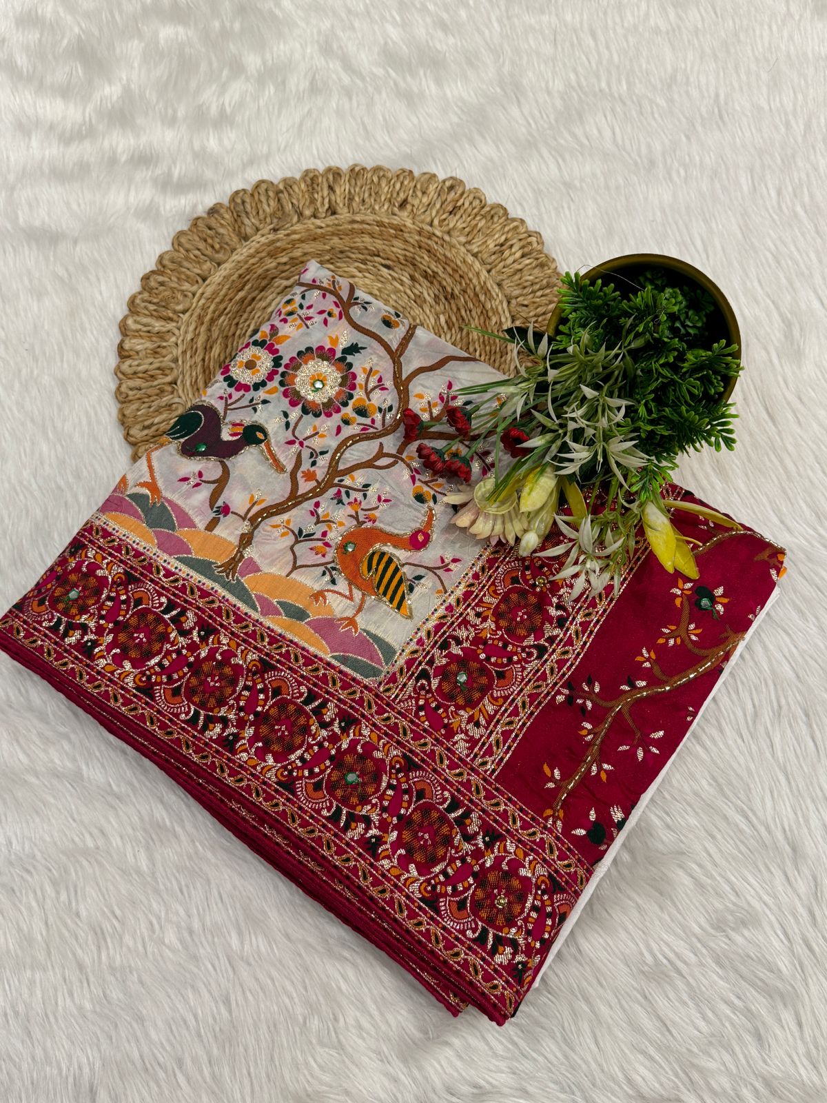 ✨ Traditional Pashmina Saree with Red Maroon Pallu 🕊️ | Moti & Embroidery Bird Design 🌳 | Festive & Wedding Wear 💃