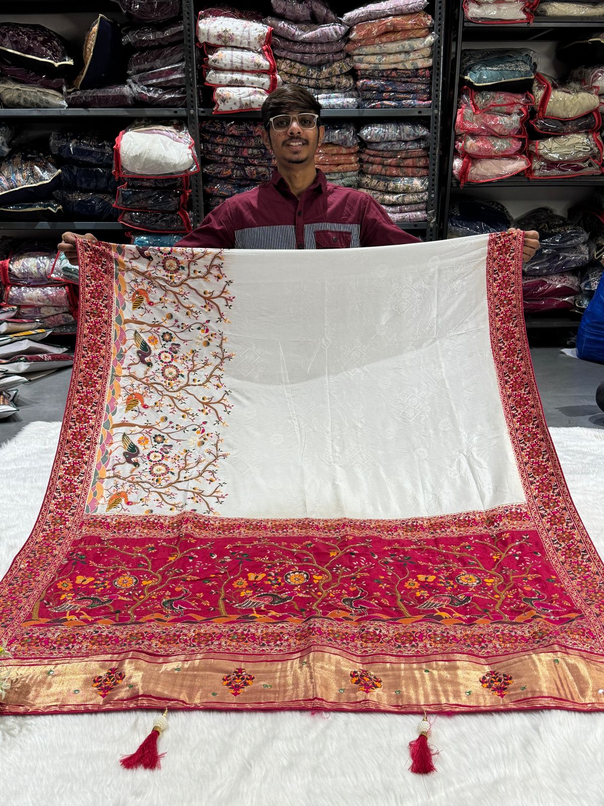✨ Traditional Pashmina Saree with Red Maroon Pallu 🕊️ | Moti & Embroidery Bird Design 🌳 | Festive & Wedding Wear 💃