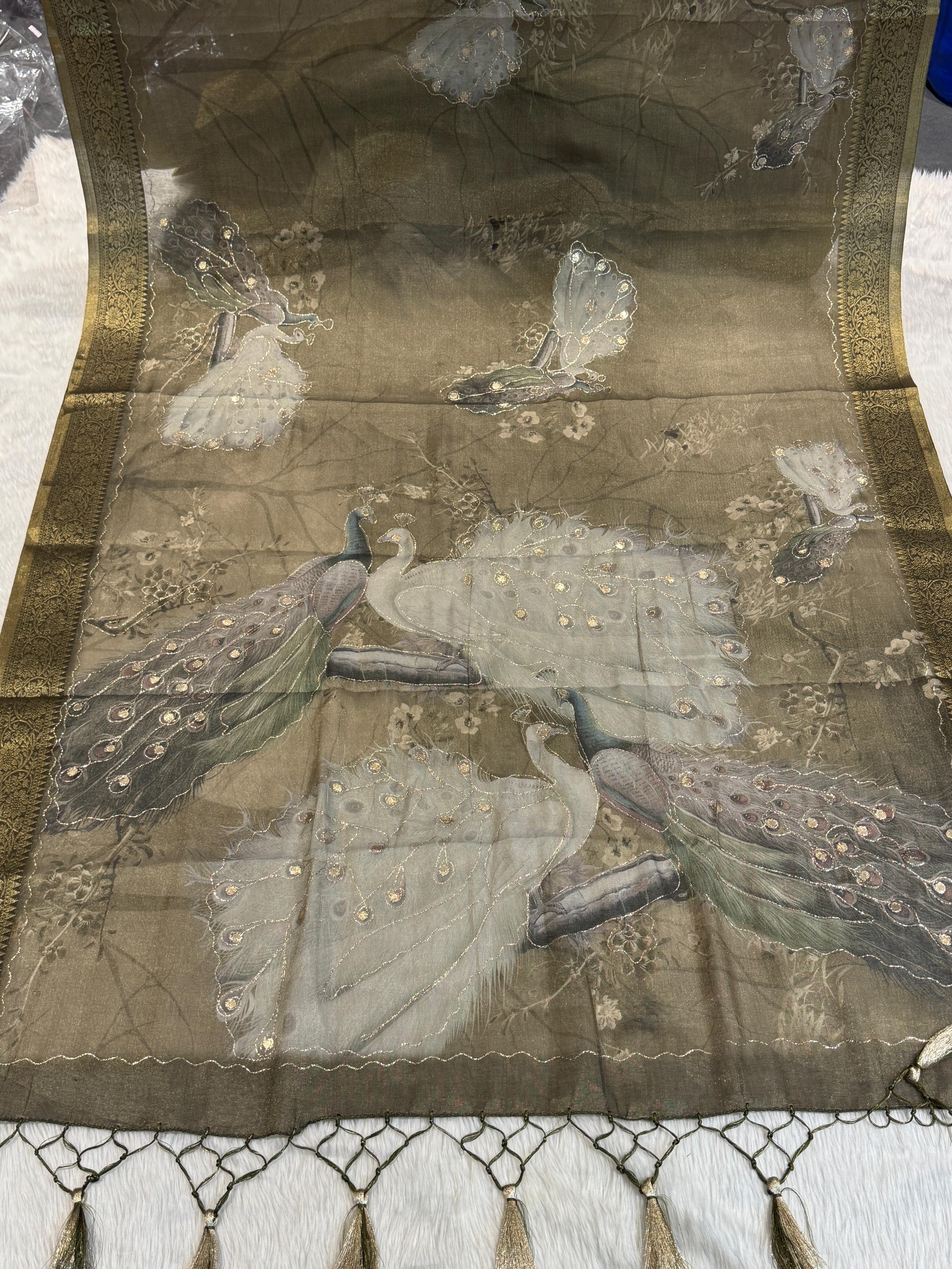 ✨Silky Tissue Saree with Jari Work 🪡 | Peacock Design 🦚 | Party Wear with Jalar Pallu 💃 | Gujarati Style 🌸