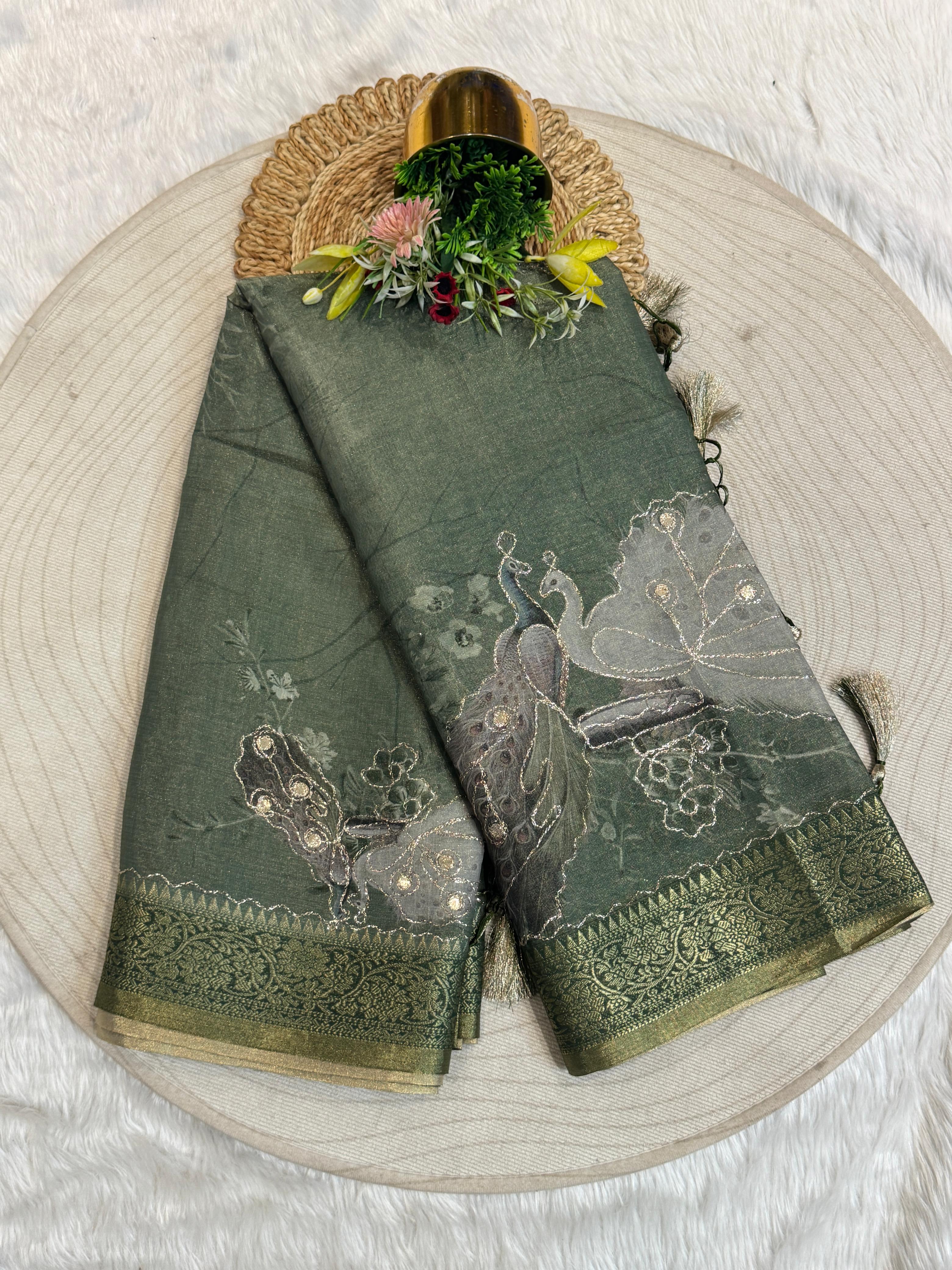 ✨Silky Tissue Saree with Jari Work 🪡 | Peacock Design 🦚 | Party Wear with Jalar Pallu 💃 | Gujarati Style 🌸