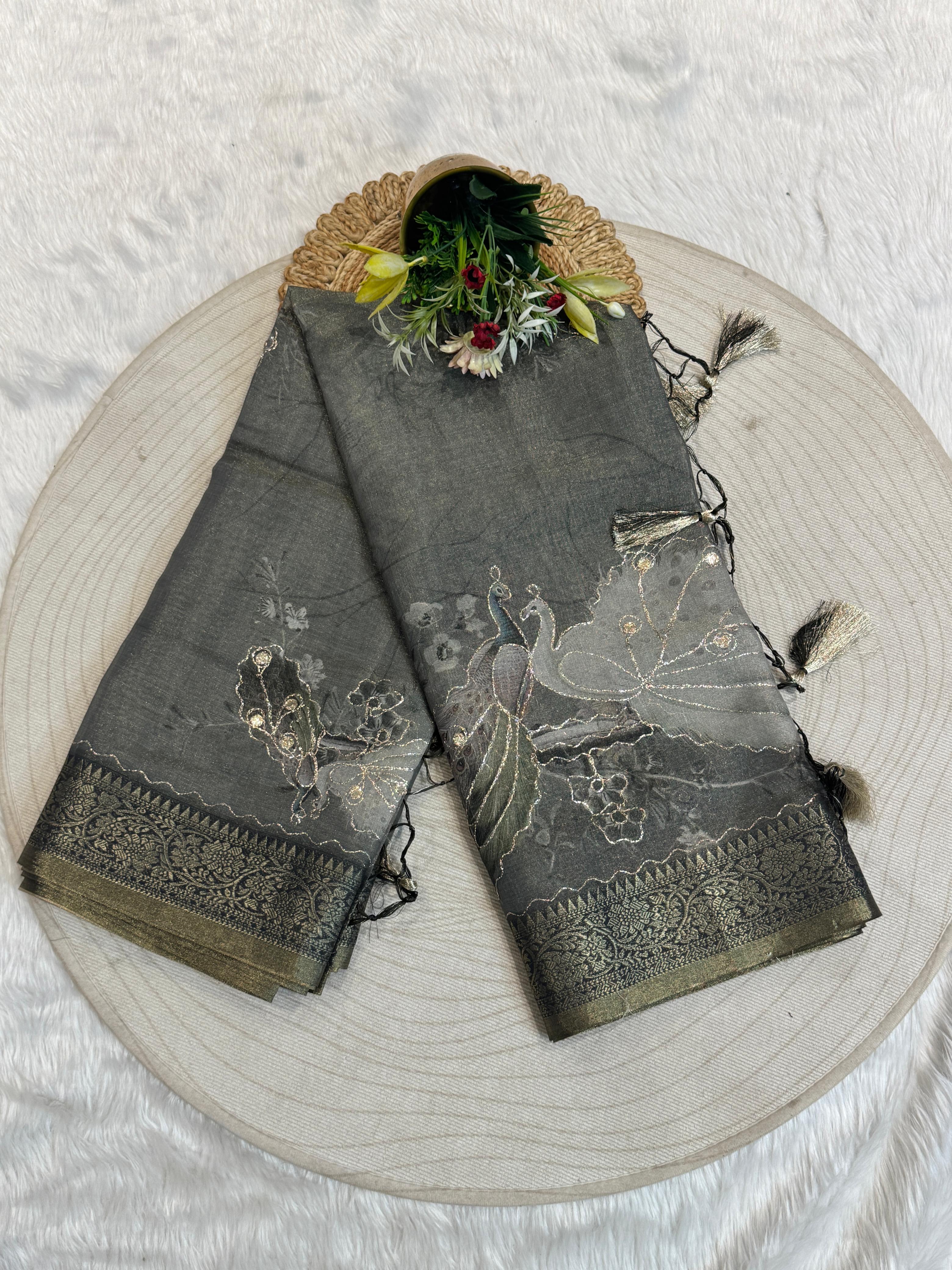 ✨Silky Tissue Saree with Jari Work 🪡 | Peacock Design 🦚 | Party Wear with Jalar Pallu 💃 | Gujarati Style 🌸