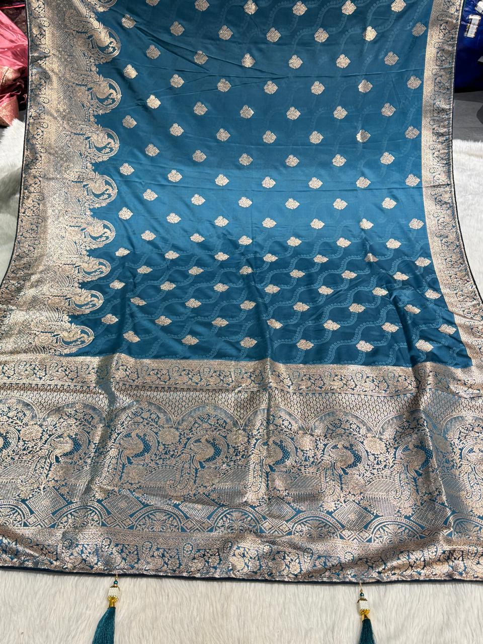 Elegant Pure Satin Silk Saree with Peacock Pallu Design 🦚 | Traditional Gujarati Style | Festive & Wedding Wear
