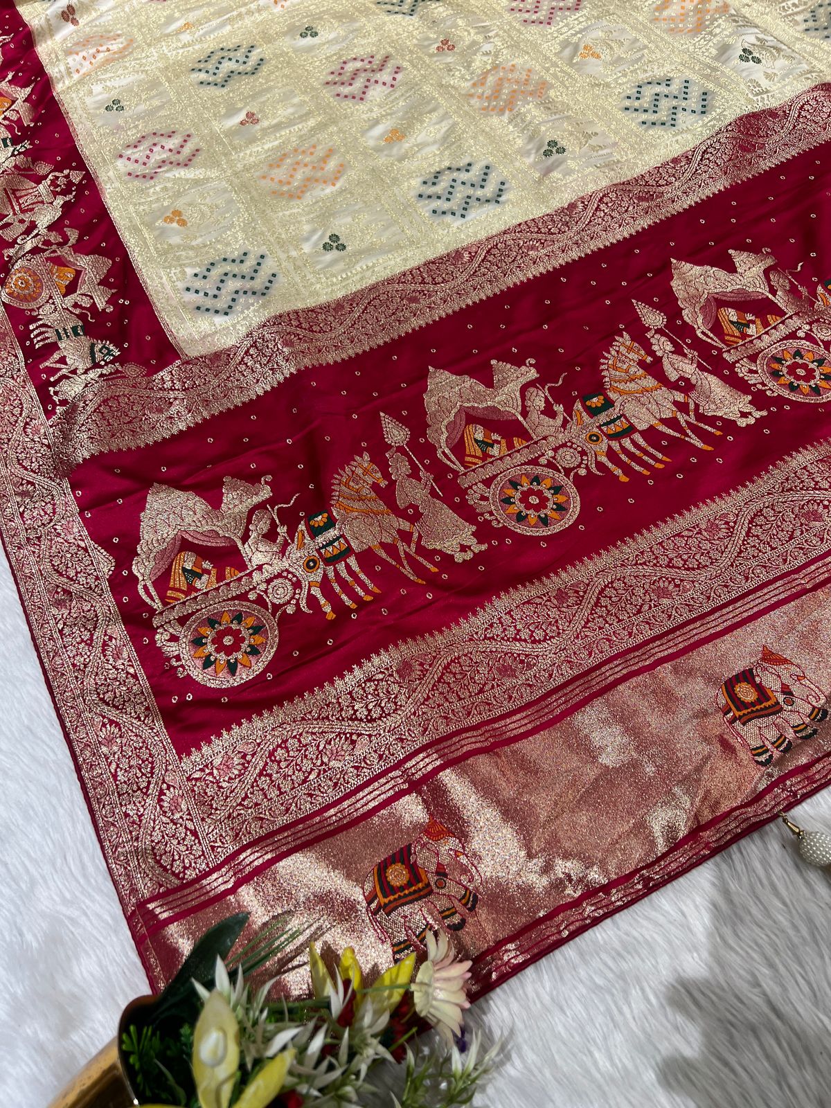 💫 Bandhani Gharchola Saree with Lagdi Patto & Latkan | Heavy Dual-Tone Pallu | Designer Border 🧵✨