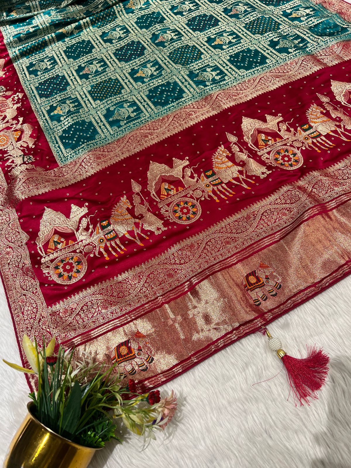 💫 Bandhani Gharchola Saree with Lagdi Patto & Latkan | Heavy Dual-Tone Pallu | Designer Border 🧵✨