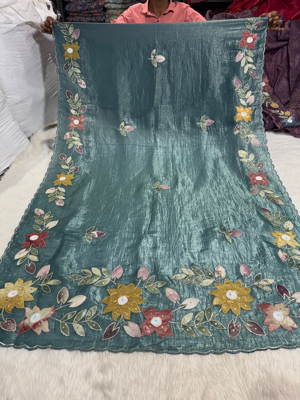 Pure Tissue Saree with Floral Patchwork 🌸 | Affordable Party Wear Saree with Blouse | Shagun Sarees & Zankhi Boutique
