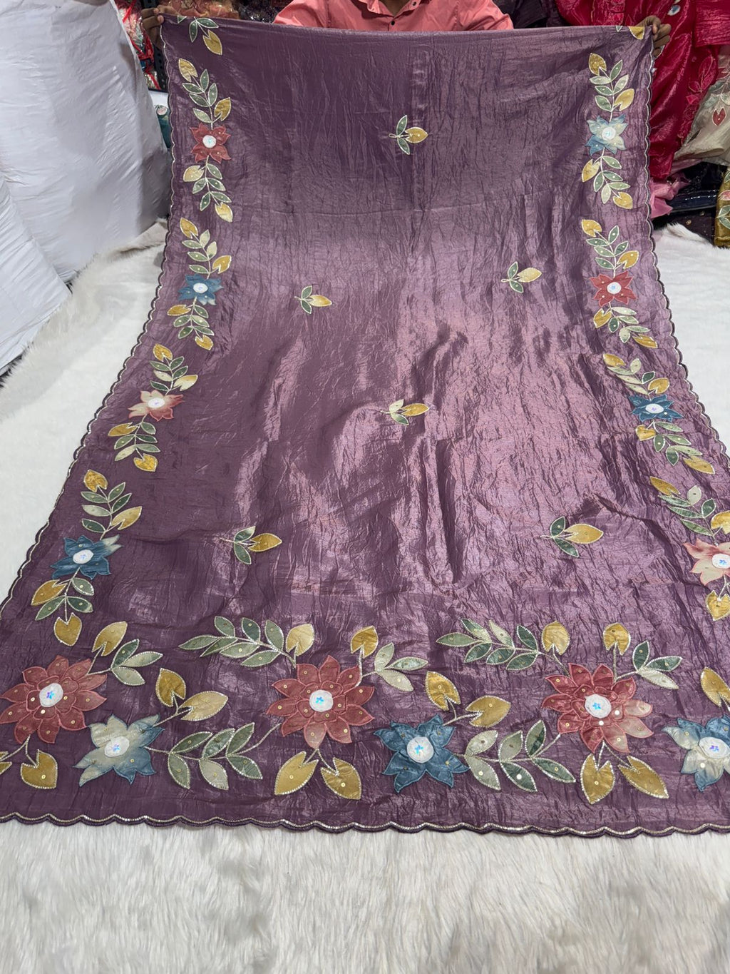 Pure Tissue Saree with Floral Patchwork 🌸 | Affordable Party Wear Saree with Blouse | Shagun Sarees & Zankhi Boutique