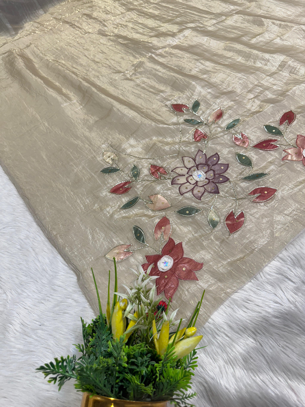 Pure Tissue Saree with Floral Patchwork 🌸 | Affordable Party Wear Saree with Blouse | Shagun Sarees & Zankhi Boutique