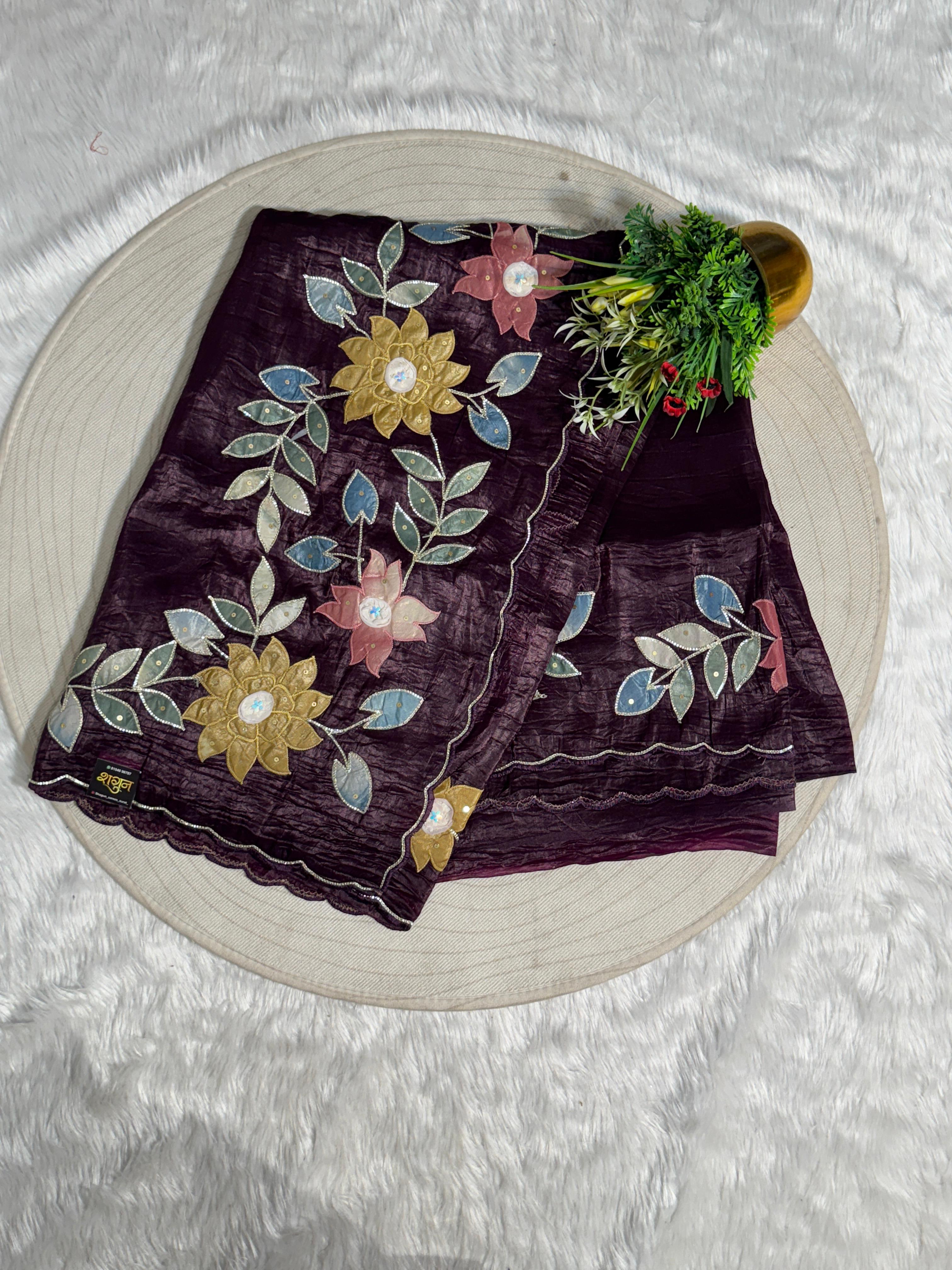 Pure Tissue Saree with Floral Patchwork 🌸 | Affordable Party Wear Saree with Blouse | Shagun Sarees & Zankhi Boutique