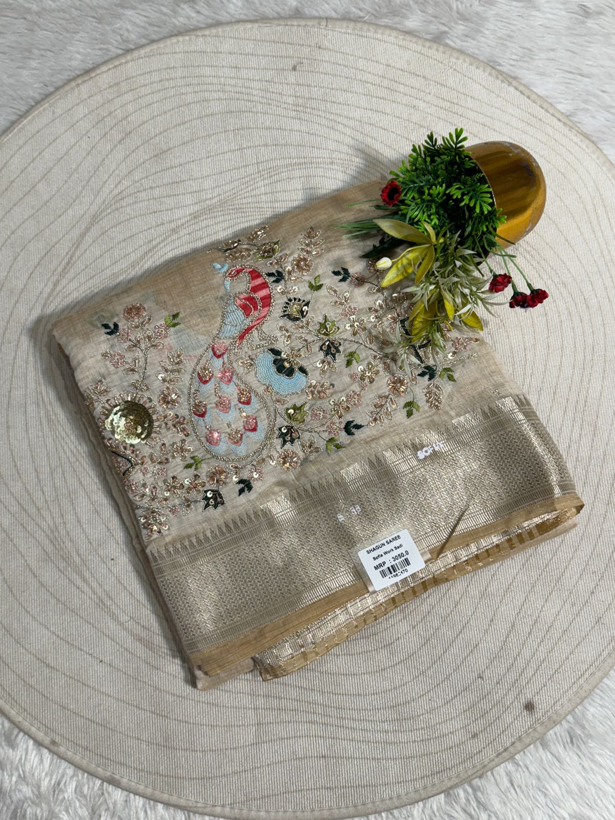 ✨ Elegant Beige Tissue Silk Saree with Peacock Embroidery & Designer Blouse | Party Wear Saree by Shagun Fashion