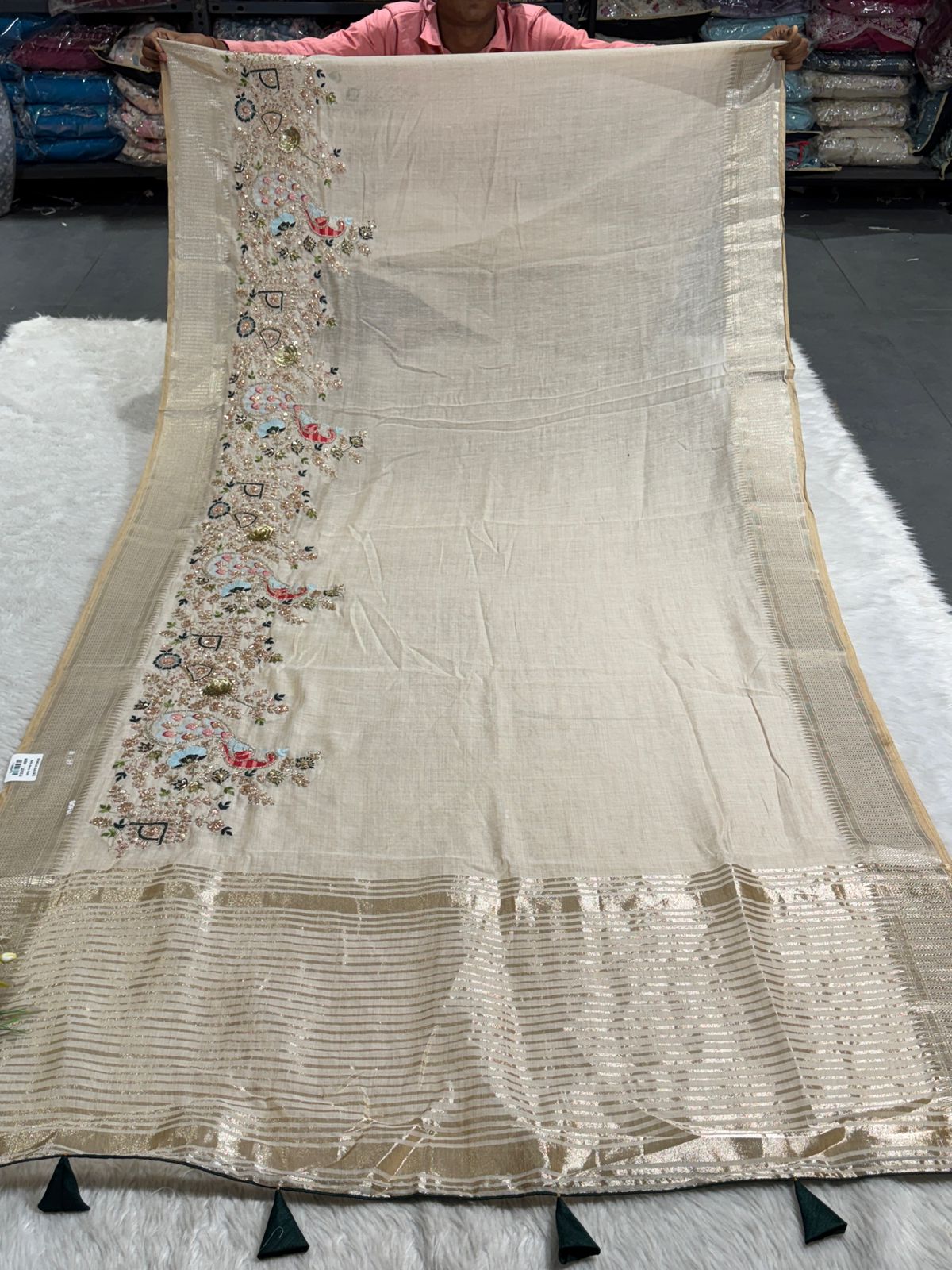 ✨ Elegant Beige Tissue Silk Saree with Peacock Embroidery & Designer Blouse | Party Wear Saree by Shagun Fashion
