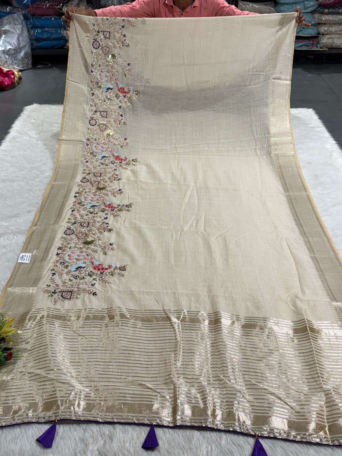 ✨ Elegant Beige Tissue Silk Saree with Peacock Embroidery & Designer Blouse | Party Wear Saree by Shagun Fashion