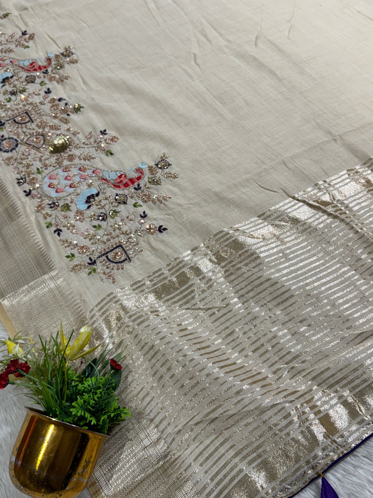 ✨ Elegant Beige Tissue Silk Saree with Peacock Embroidery & Designer Blouse | Party Wear Saree by Shagun Fashion