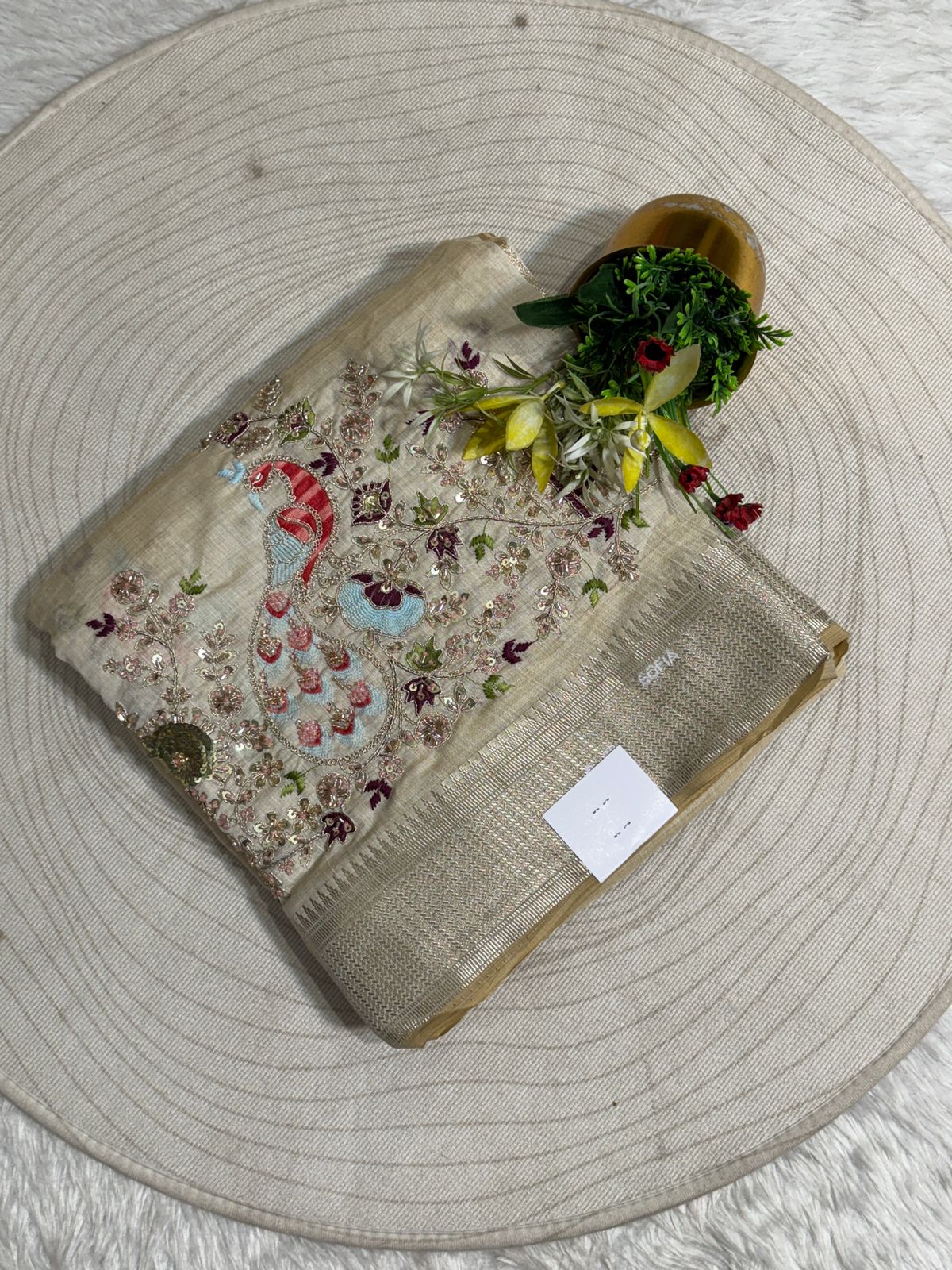 ✨ Elegant Beige Tissue Silk Saree with Peacock Embroidery & Designer Blouse | Party Wear Saree by Shagun Fashion