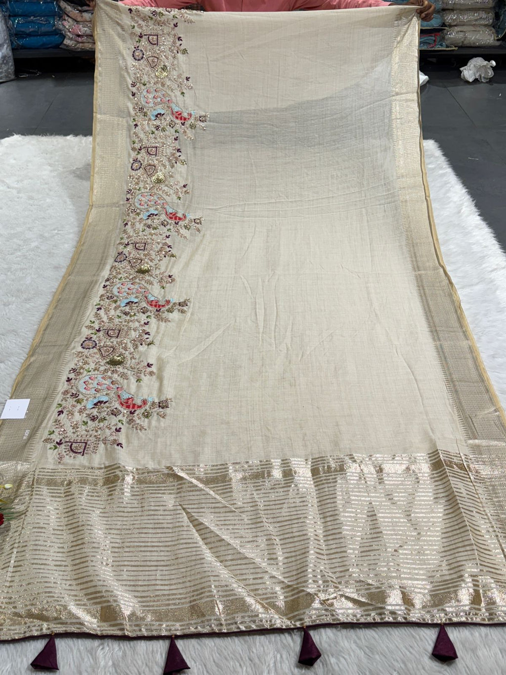 ✨ Elegant Beige Tissue Silk Saree with Peacock Embroidery & Designer Blouse | Party Wear Saree by Shagun Fashion