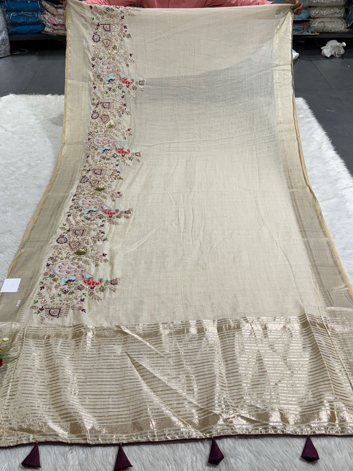 ✨ Elegant Beige Tissue Silk Saree with Peacock Embroidery & Designer Blouse | Party Wear Saree by Shagun Fashion