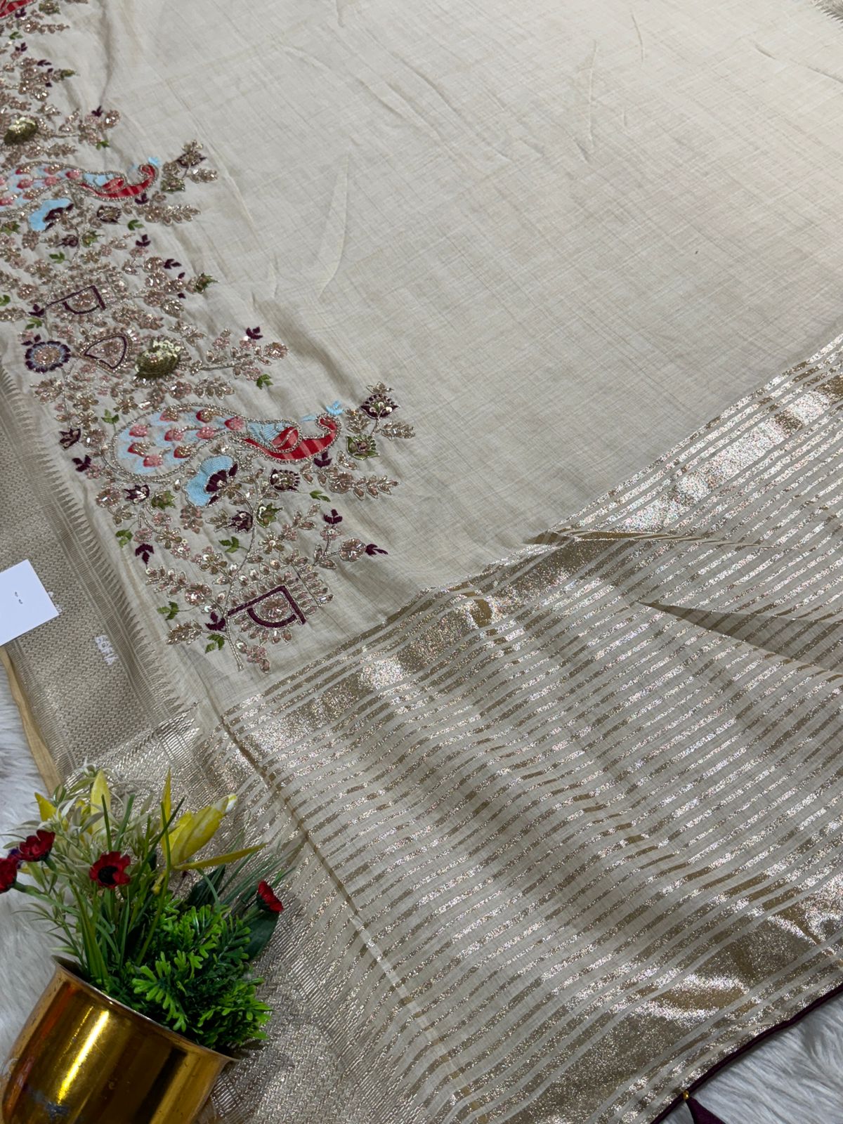 ✨ Elegant Beige Tissue Silk Saree with Peacock Embroidery & Designer Blouse | Party Wear Saree by Shagun Fashion