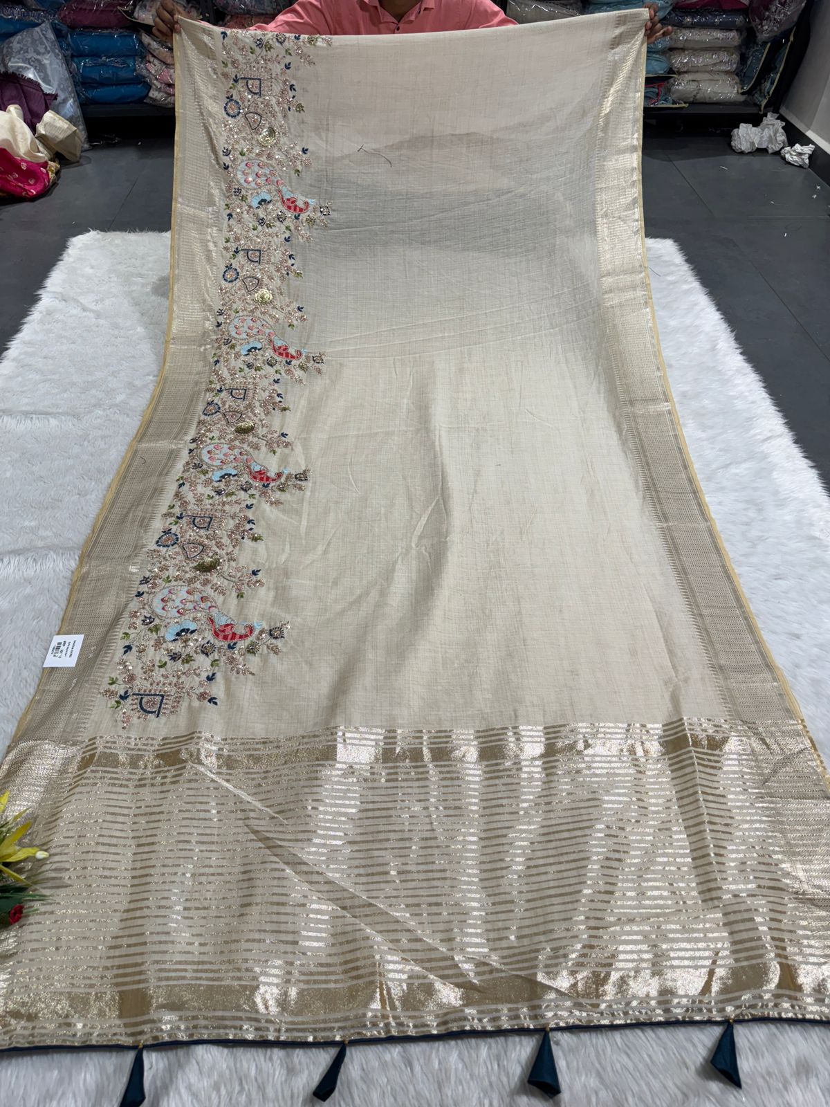 ✨ Elegant Beige Tissue Silk Saree with Peacock Embroidery & Designer Blouse | Party Wear Saree by Shagun Fashion