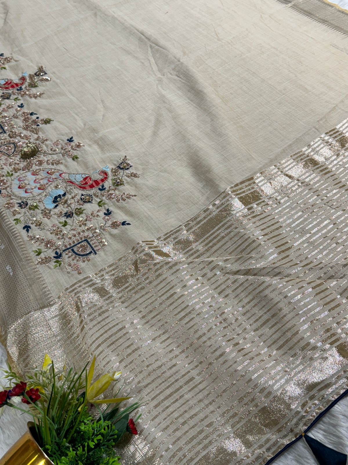 ✨ Elegant Beige Tissue Silk Saree with Peacock Embroidery & Designer Blouse | Party Wear Saree by Shagun Fashion