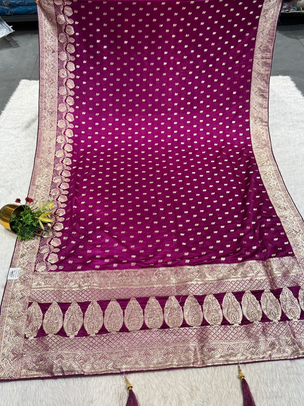 Premium Satin Embroidered Saree with Zari Border & Tassel Pallu – Shagun Sarees Exclusive ✨