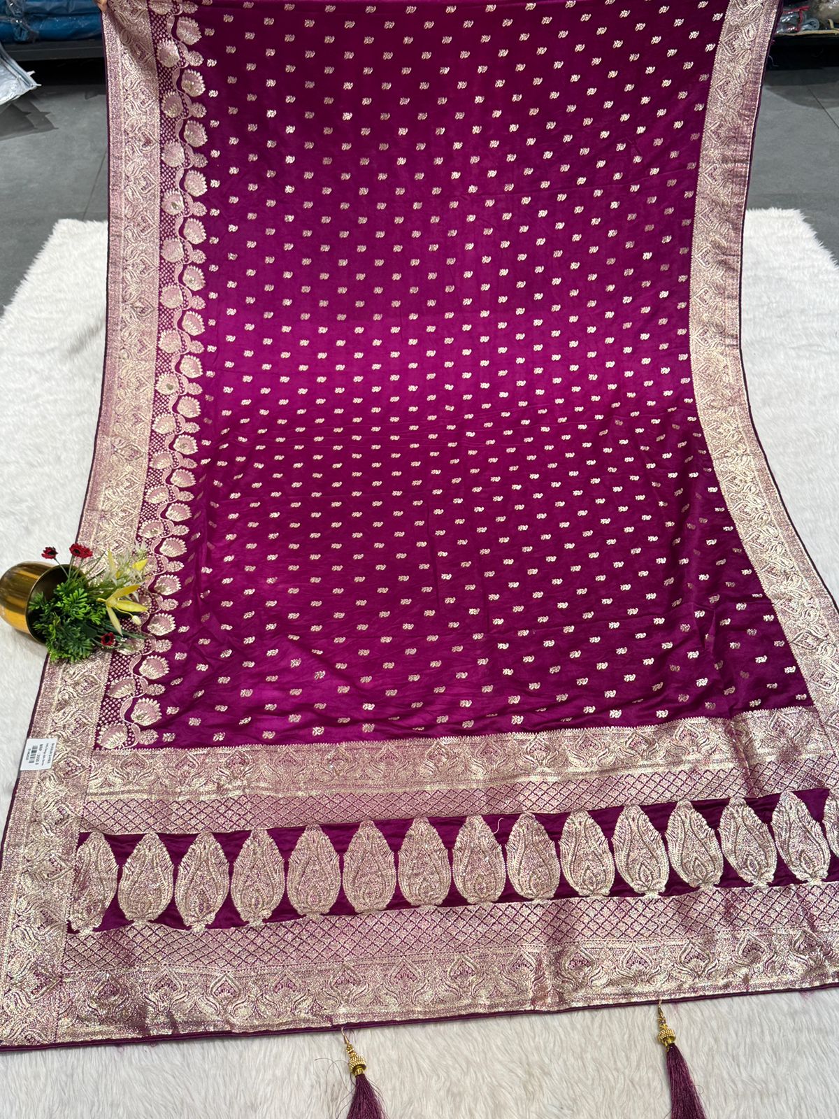 Premium Satin Embroidered Saree with Zari Border & Tassel Pallu – Shagun Sarees Exclusive ✨