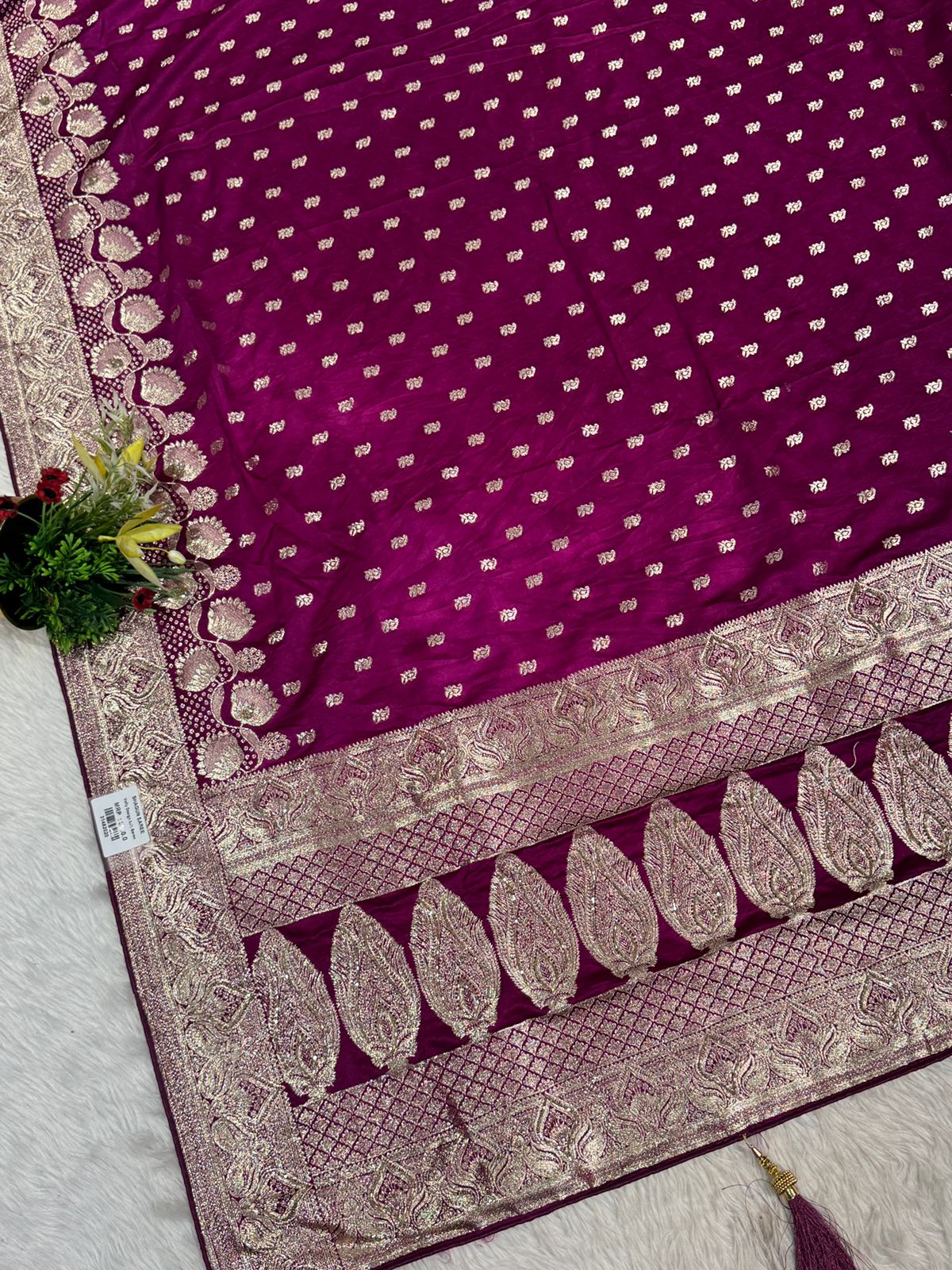 Premium Satin Embroidered Saree with Zari Border & Tassel Pallu – Shagun Sarees Exclusive ✨