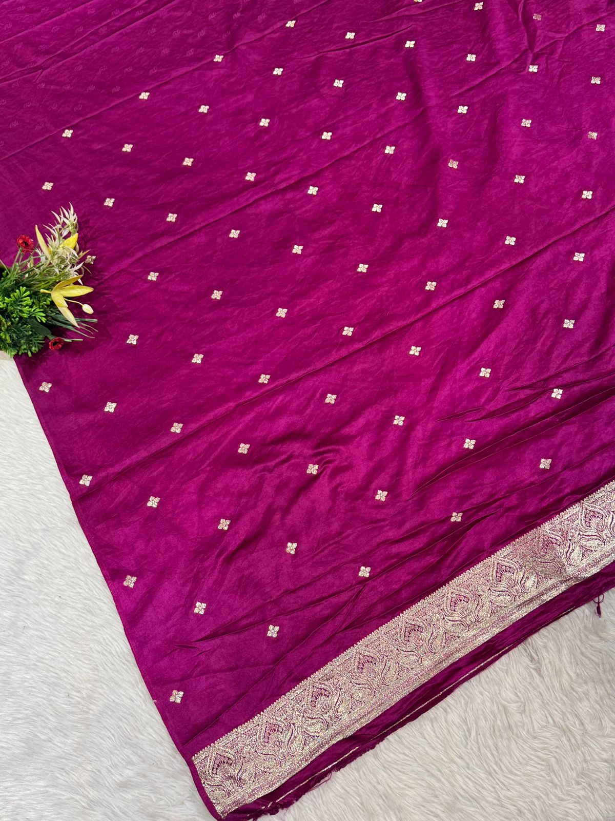 Premium Satin Embroidered Saree with Zari Border & Tassel Pallu – Shagun Sarees Exclusive ✨